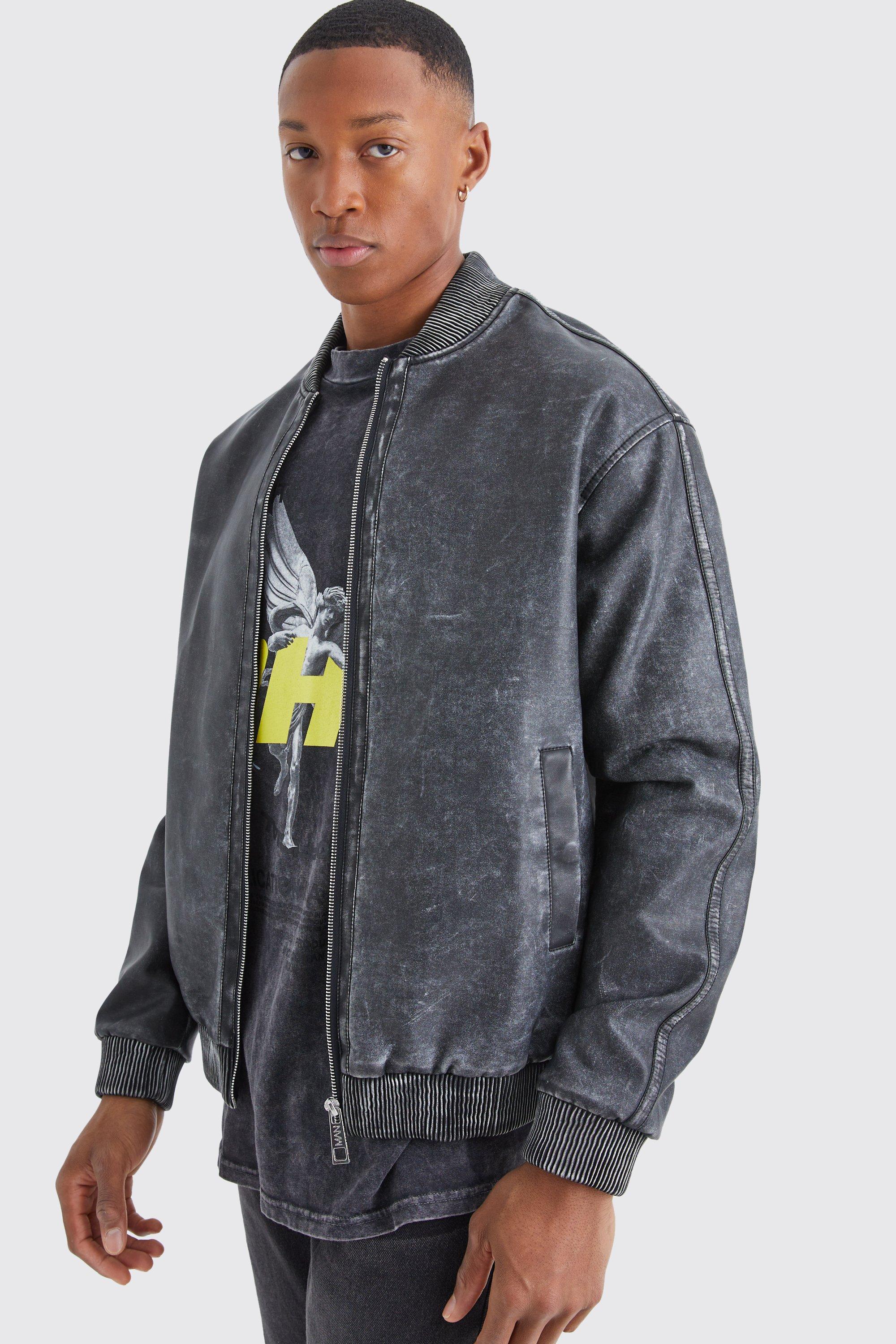 Mens Black Washed Pu Bomber Jacket, Black