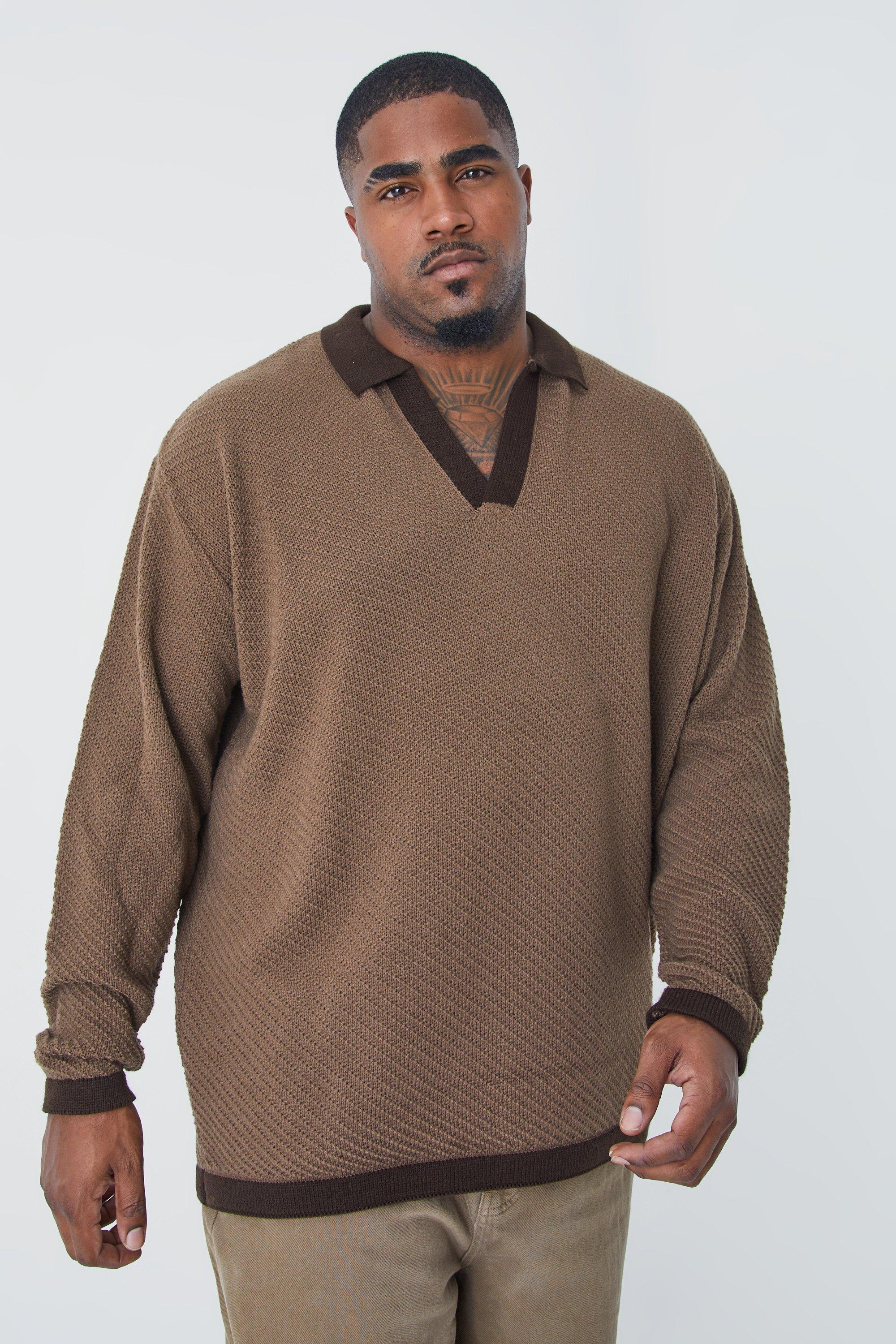 Mens Beige Plus Long Sleeved Oversized Contrast Collar Knitted Polo, Beige