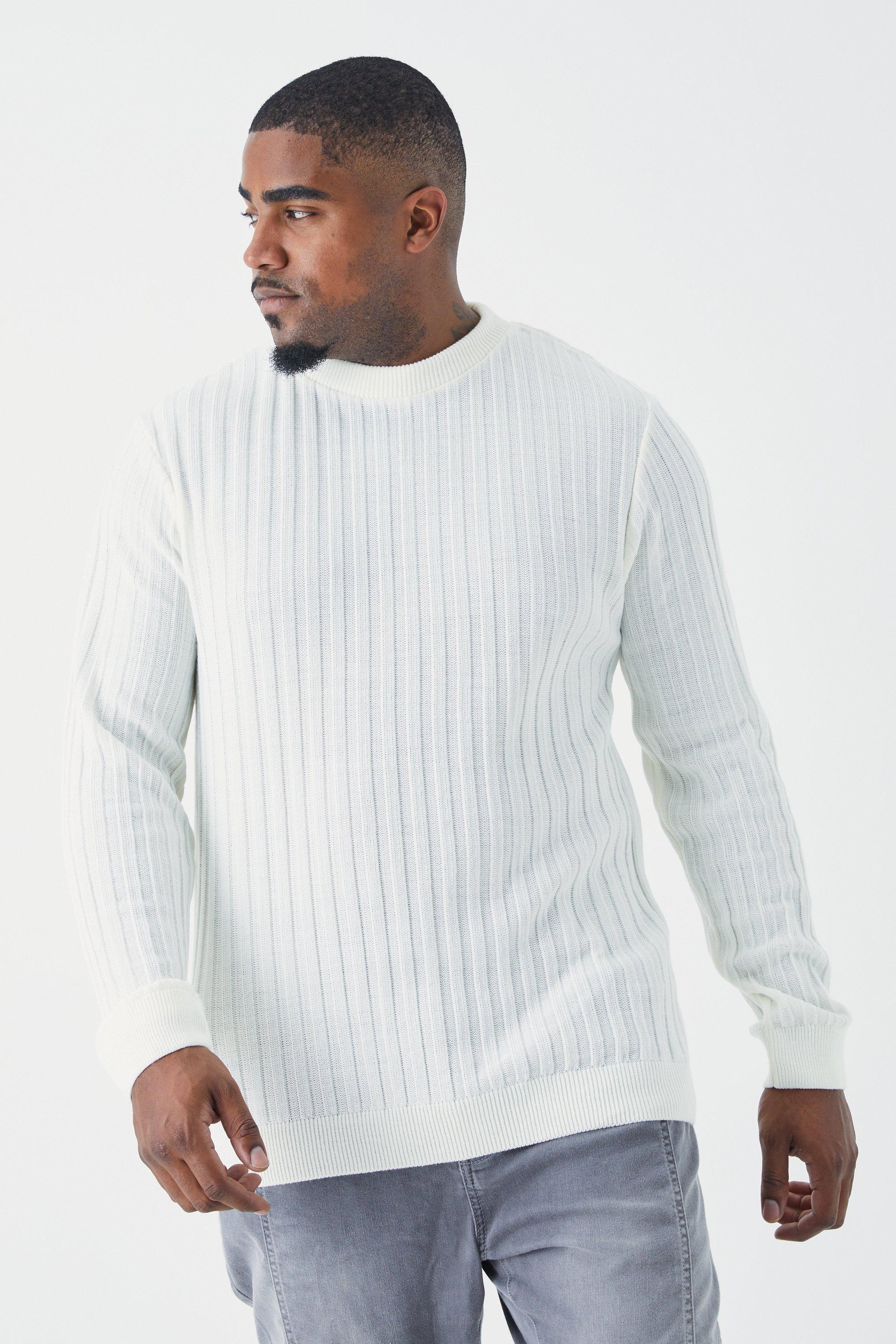 Mens Cream Plus Muscle Fit Ribbed Long Sleeve Jumper, Cream