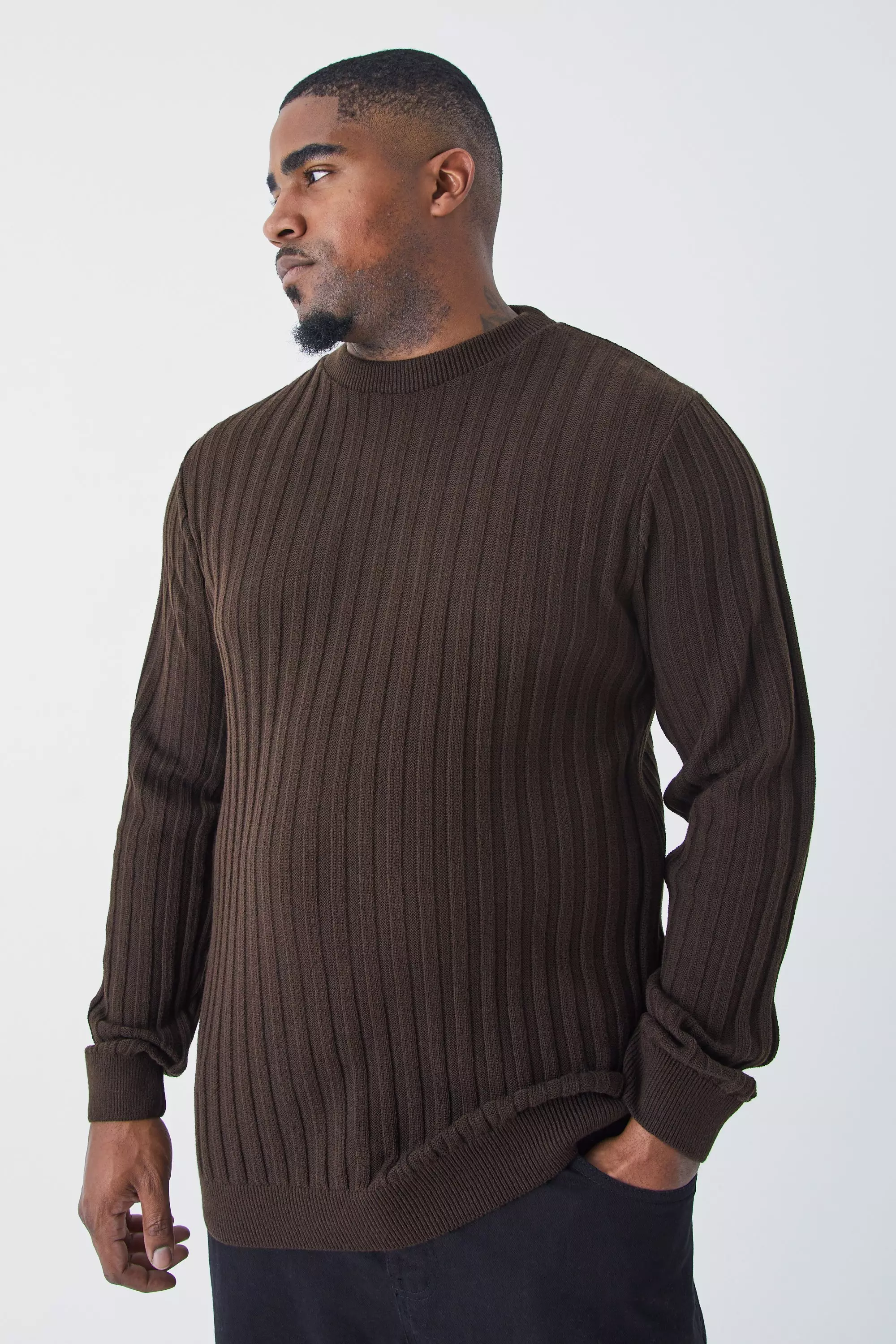 Plus Muscle Fit Ribbed Long Sleeve Jumper | boohooMAN USA