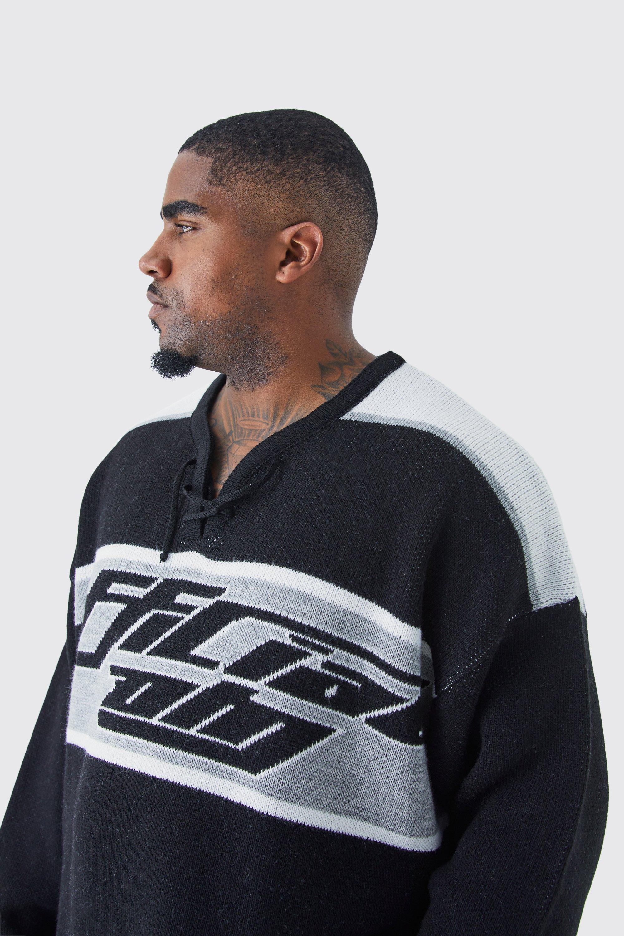 Mens Black Plus Oversized Knitted Hockey Top With Tie Detail, Black