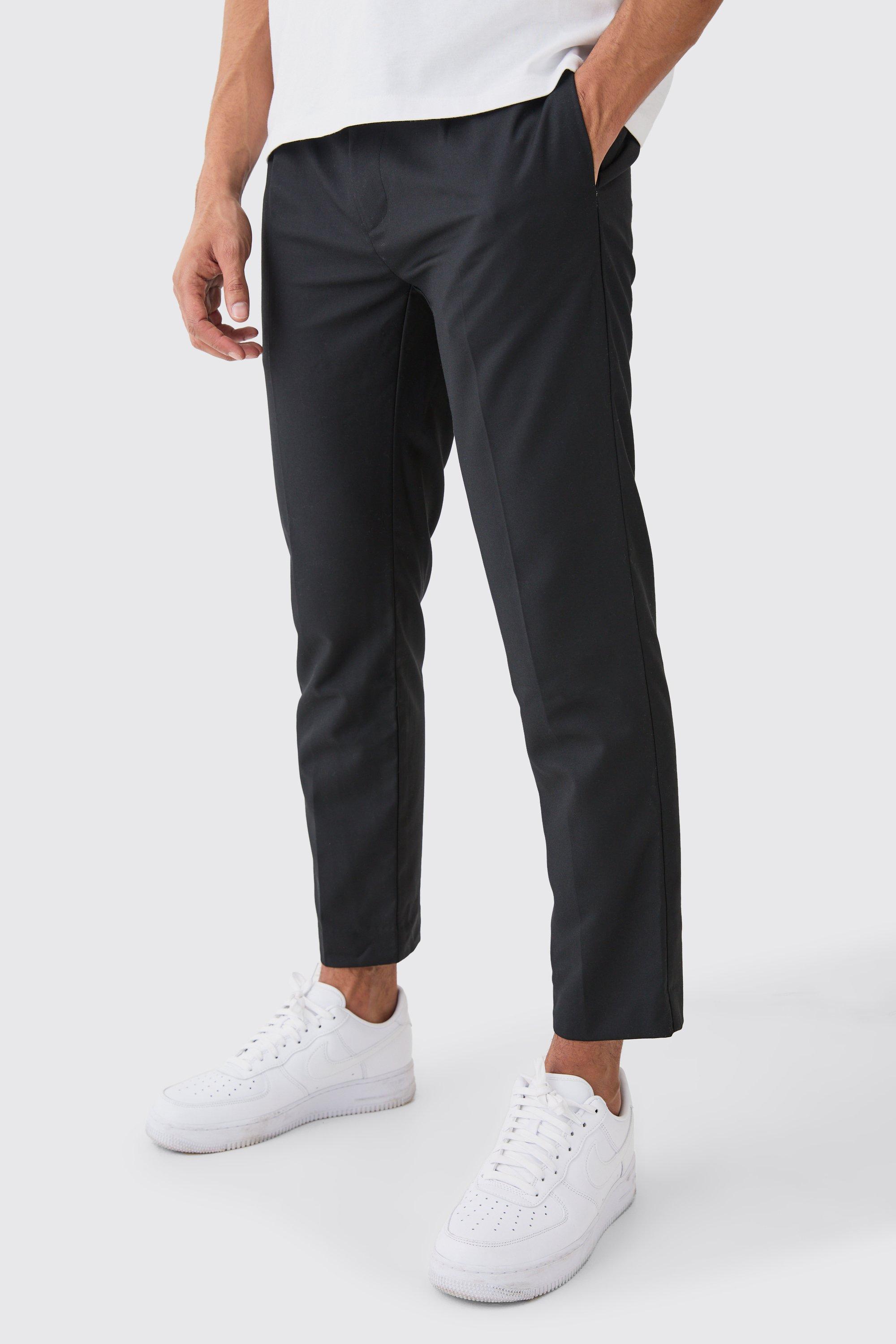 Mens Black Belted Slim Fit Tailored Trousers, Black
