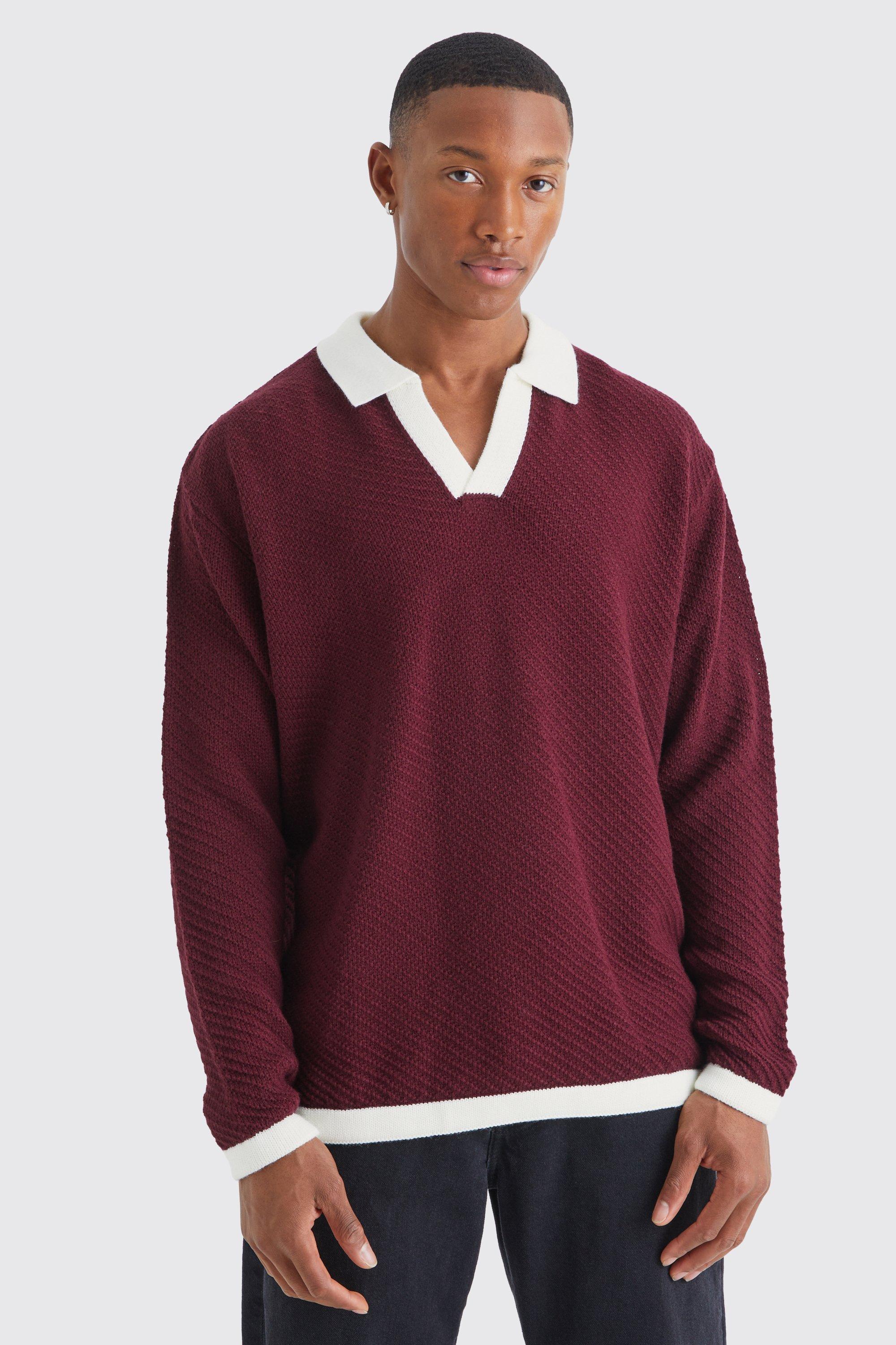 Mens Red Long Sleeved Oversized Contrast Collar Knitted Polo, Red