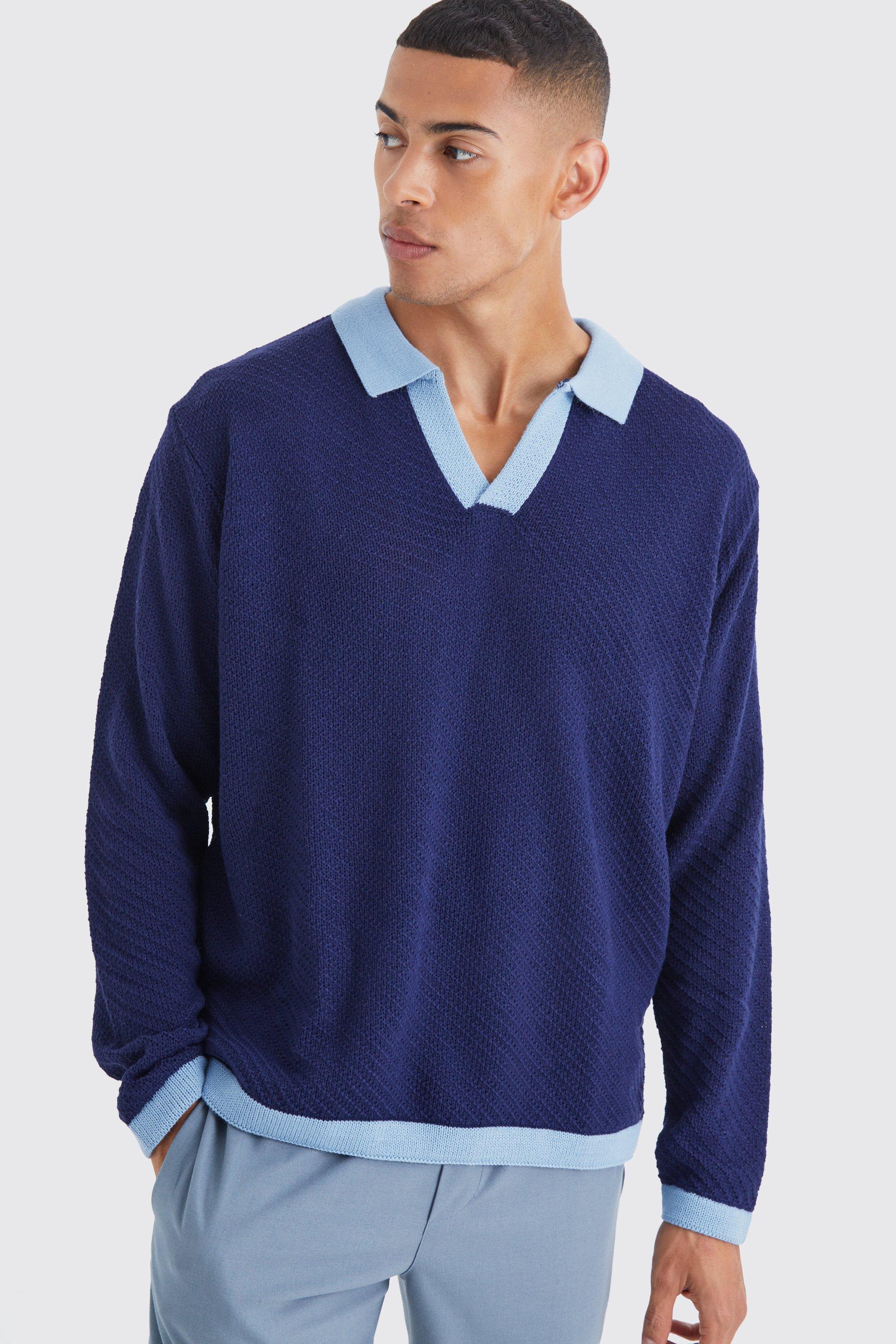 Mens Navy Long Sleeved Oversized Contrast Collar Knitted Polo, Navy