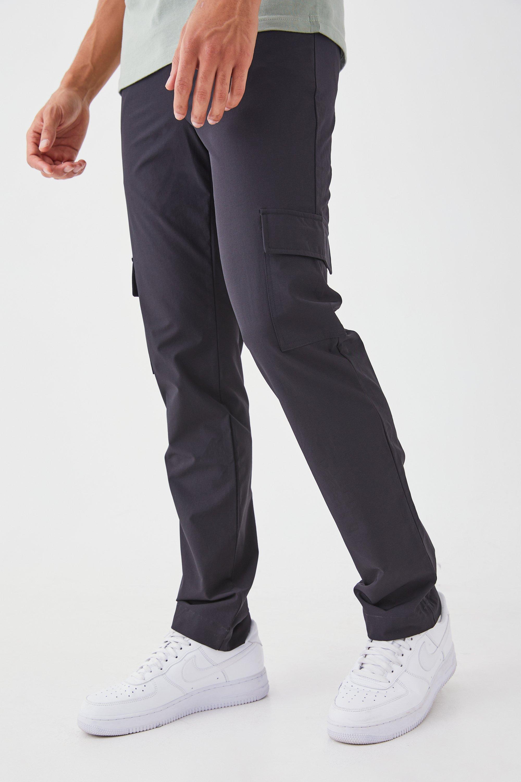 Mens Black Technical Stretch Tailored Straight Fit Cargo Trousers, Black