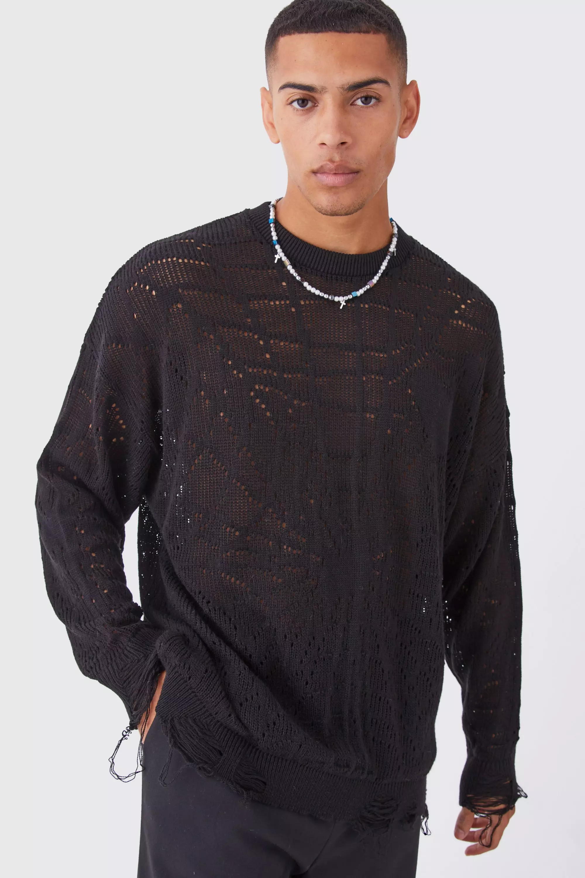 Oversized Open Knit Spider Web Jumper boohooMAN