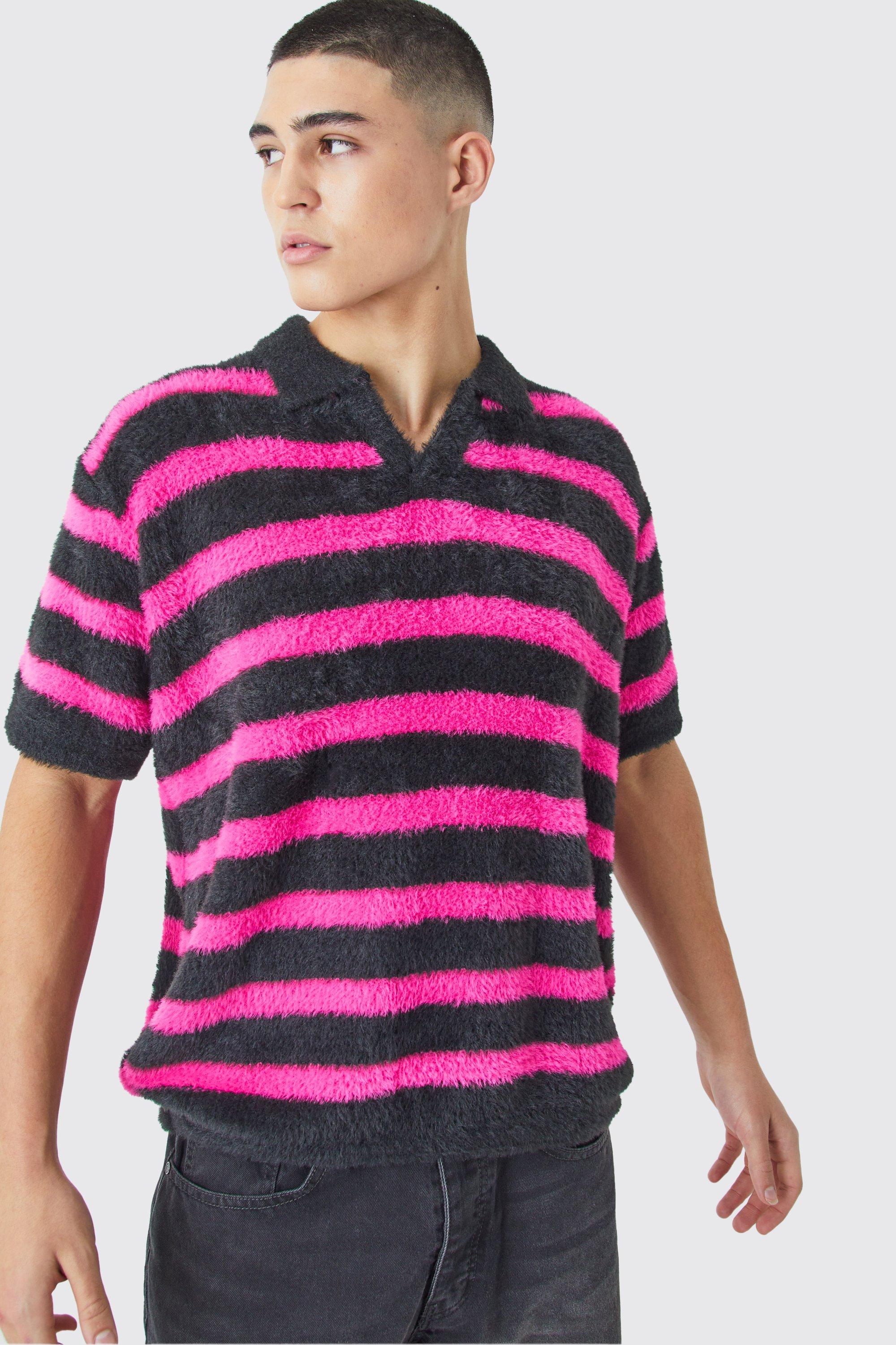 Mens Multi Oversized Fluffy Stripe Knitted Polo, Multi