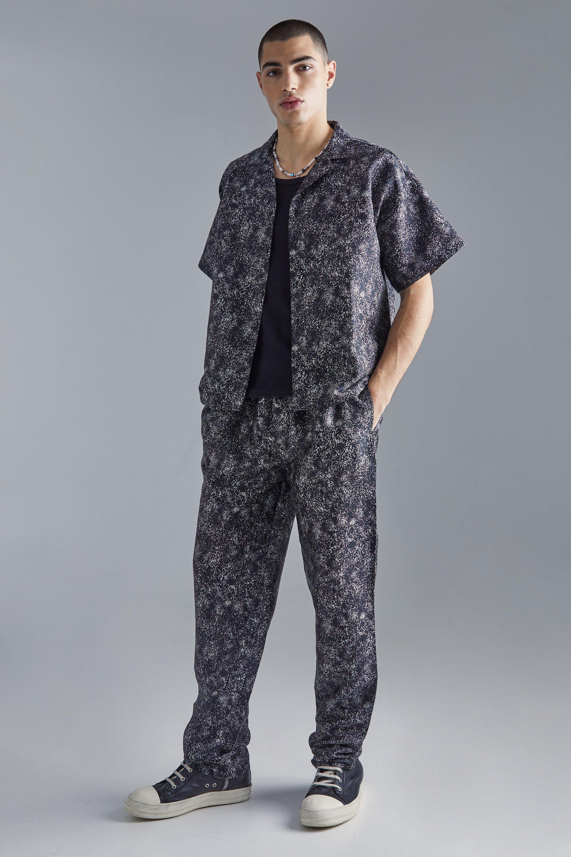 Image of Set camicia squadrata in tessuto Interest & pantaloni, Nero