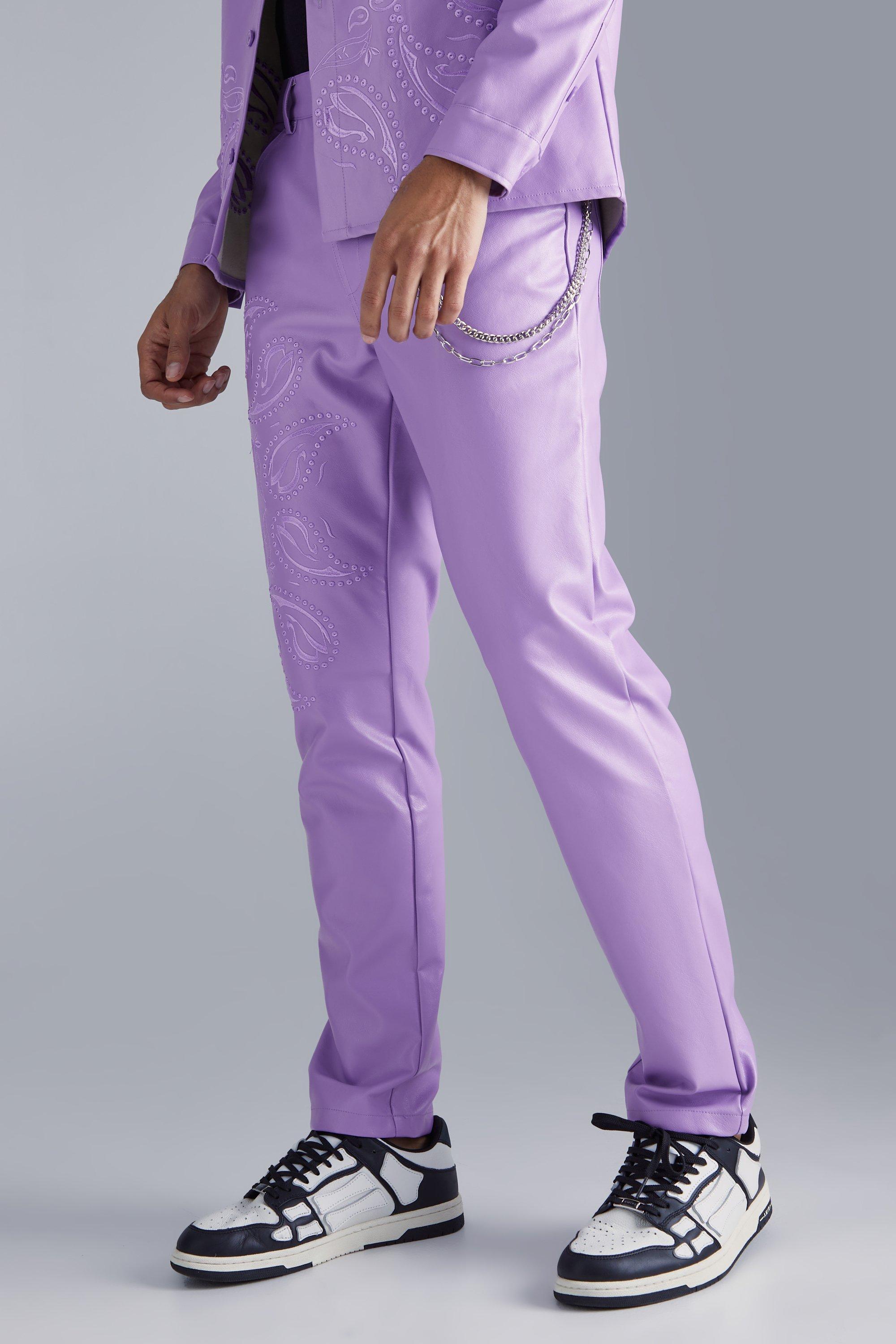 Image of Pantaloni Slim Fit in PU in fantasia cachemire con ricami, Purple