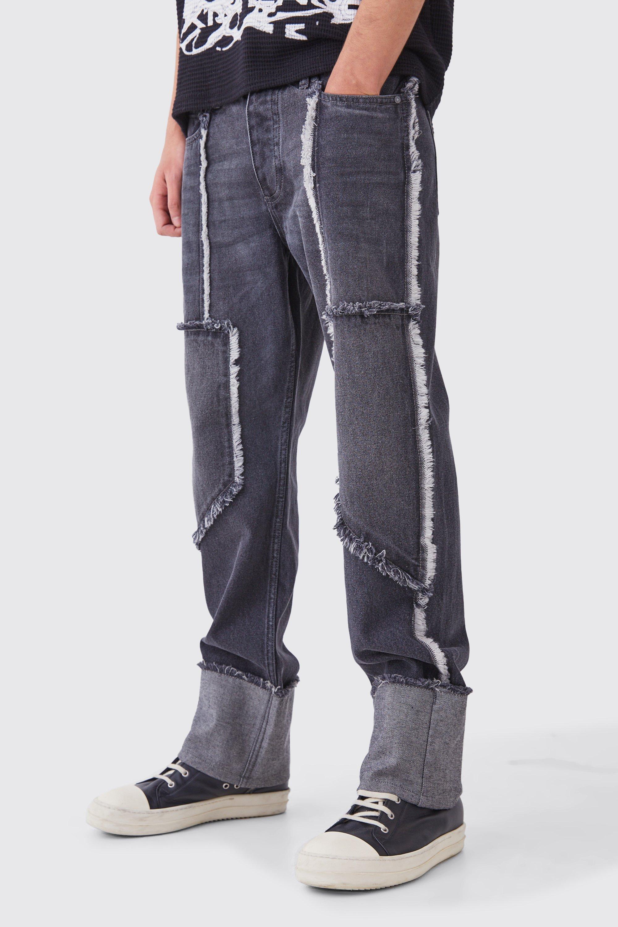 Image of Jeans rilassati in denim rigido effetto smagliato con cuciture, Nero