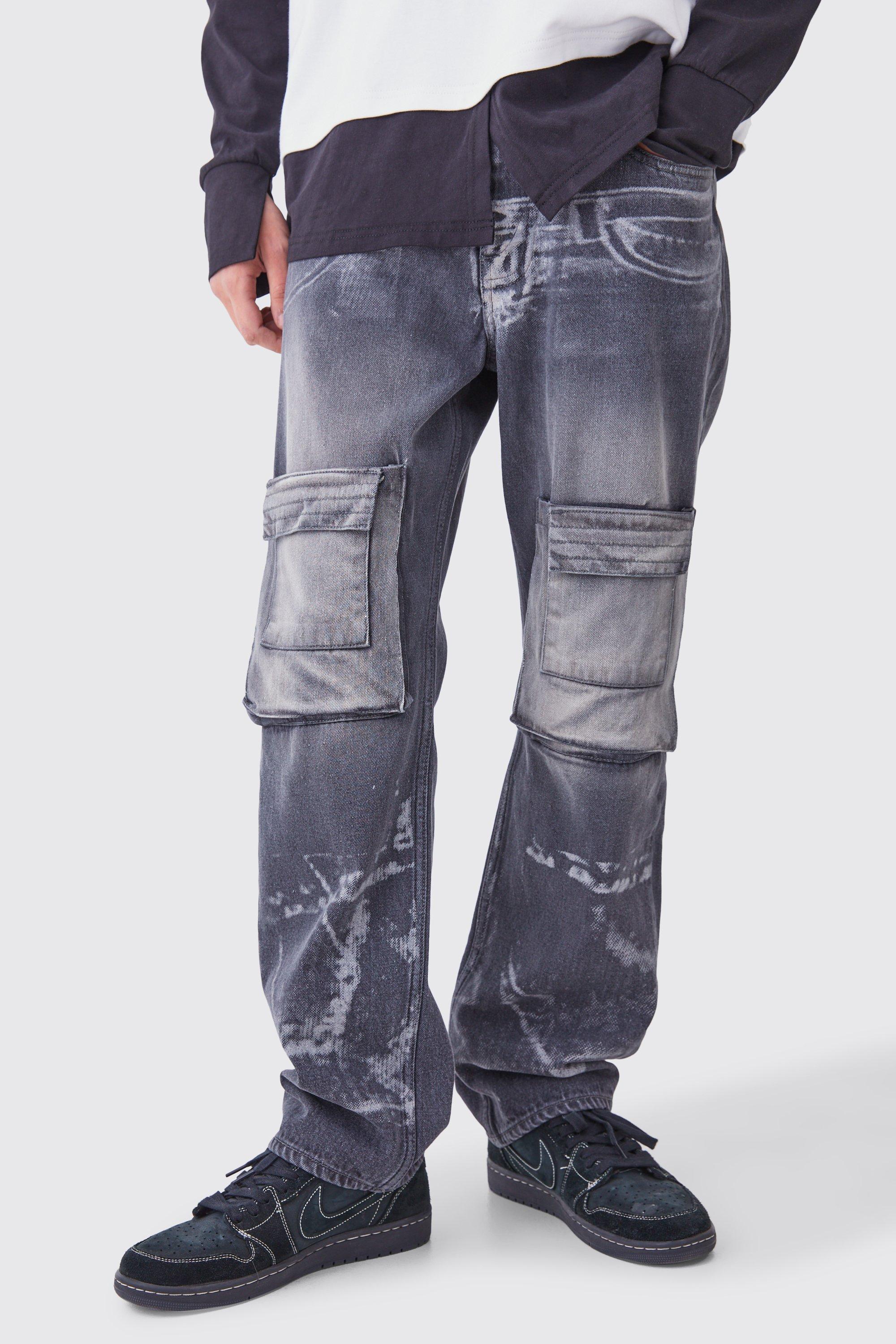 Image of Jeans rilassati in denim rigido con raggi X in lavaggio acido, Nero