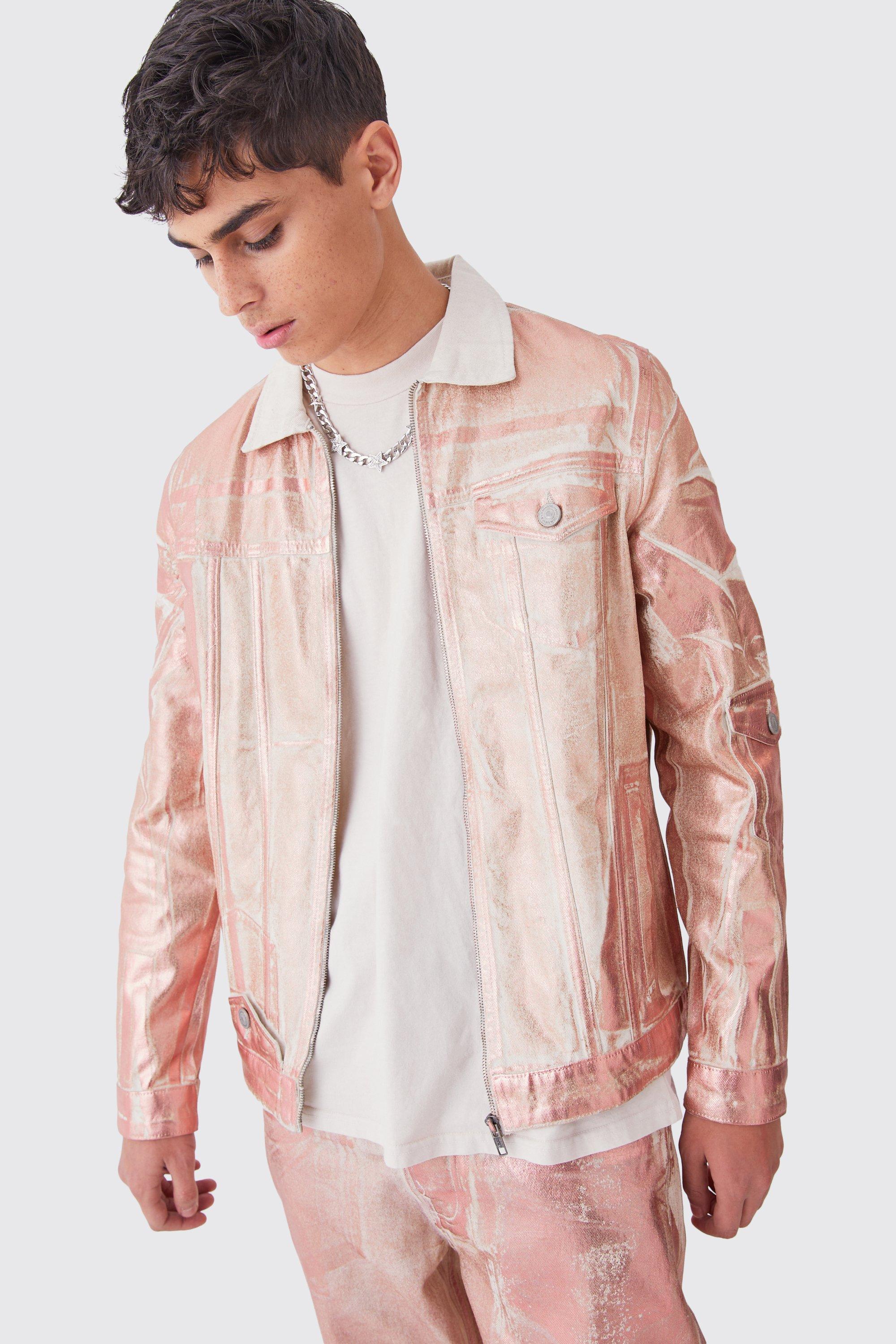 womens metallic print denim jacket - pink - l, pink