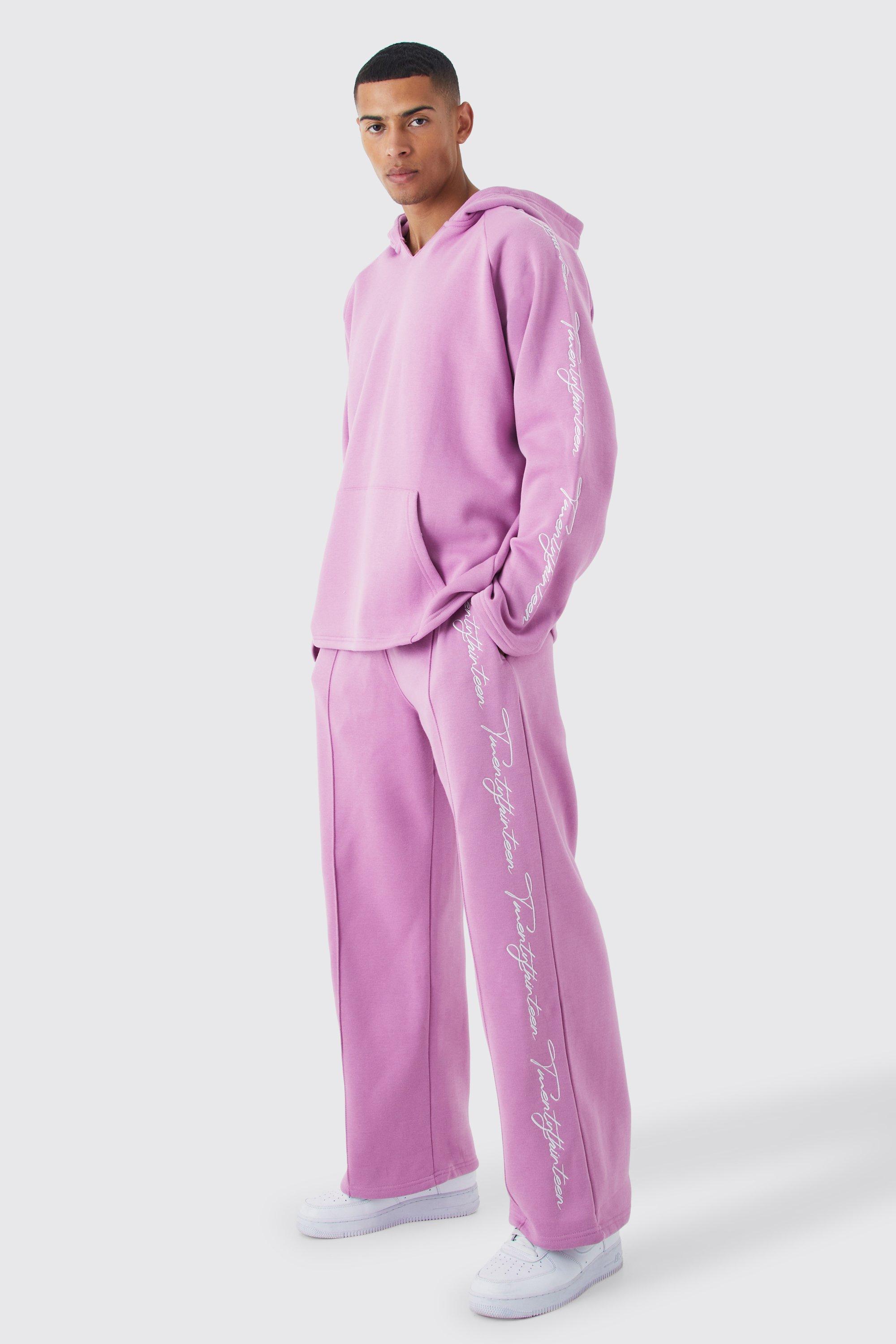 Mens Pink Oversized Raw Edge Script Embroidered Tracksuit, Pink