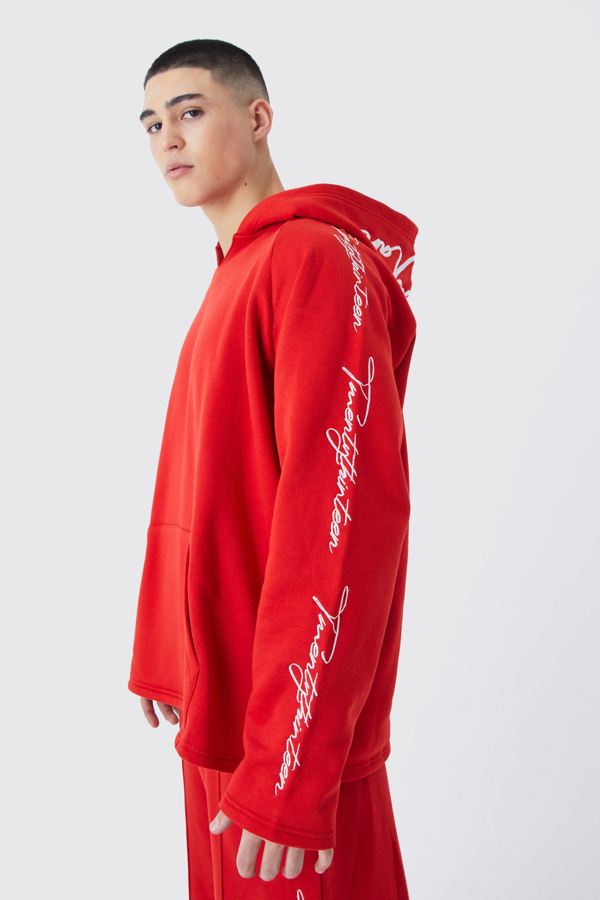 Mens Oversized Raw Edge Script Embroidered Hoodie, Red