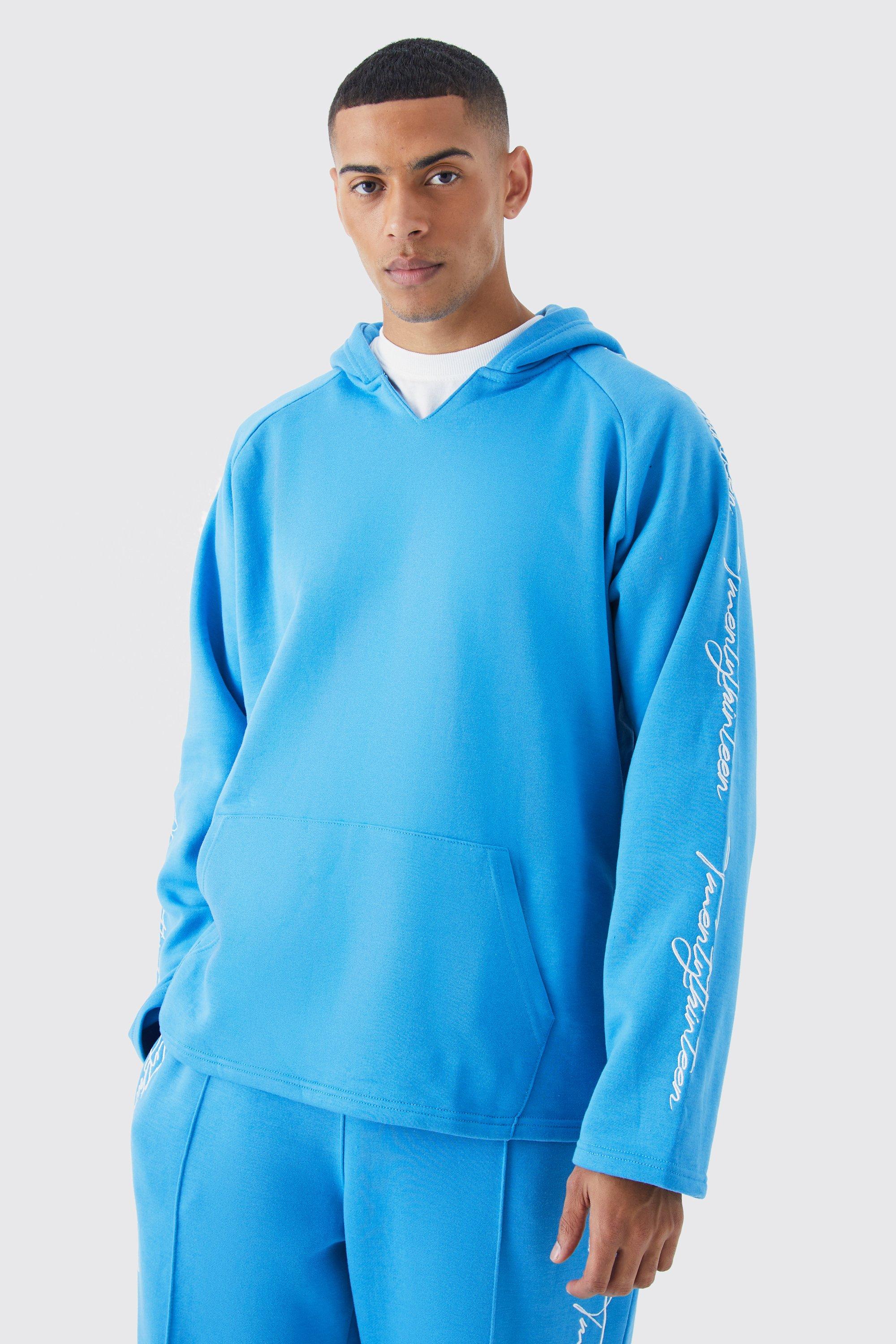 Mens Blue Oversized Raw Edge Script Embroidered Hoodie, Blue