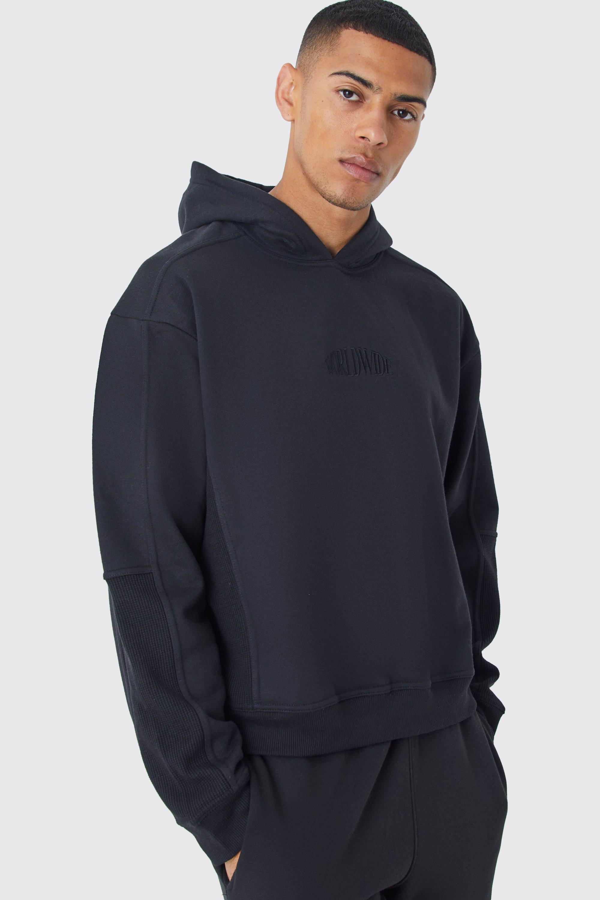 Mens Black Oversized Boxy Waffle Panel Hoodie, Black