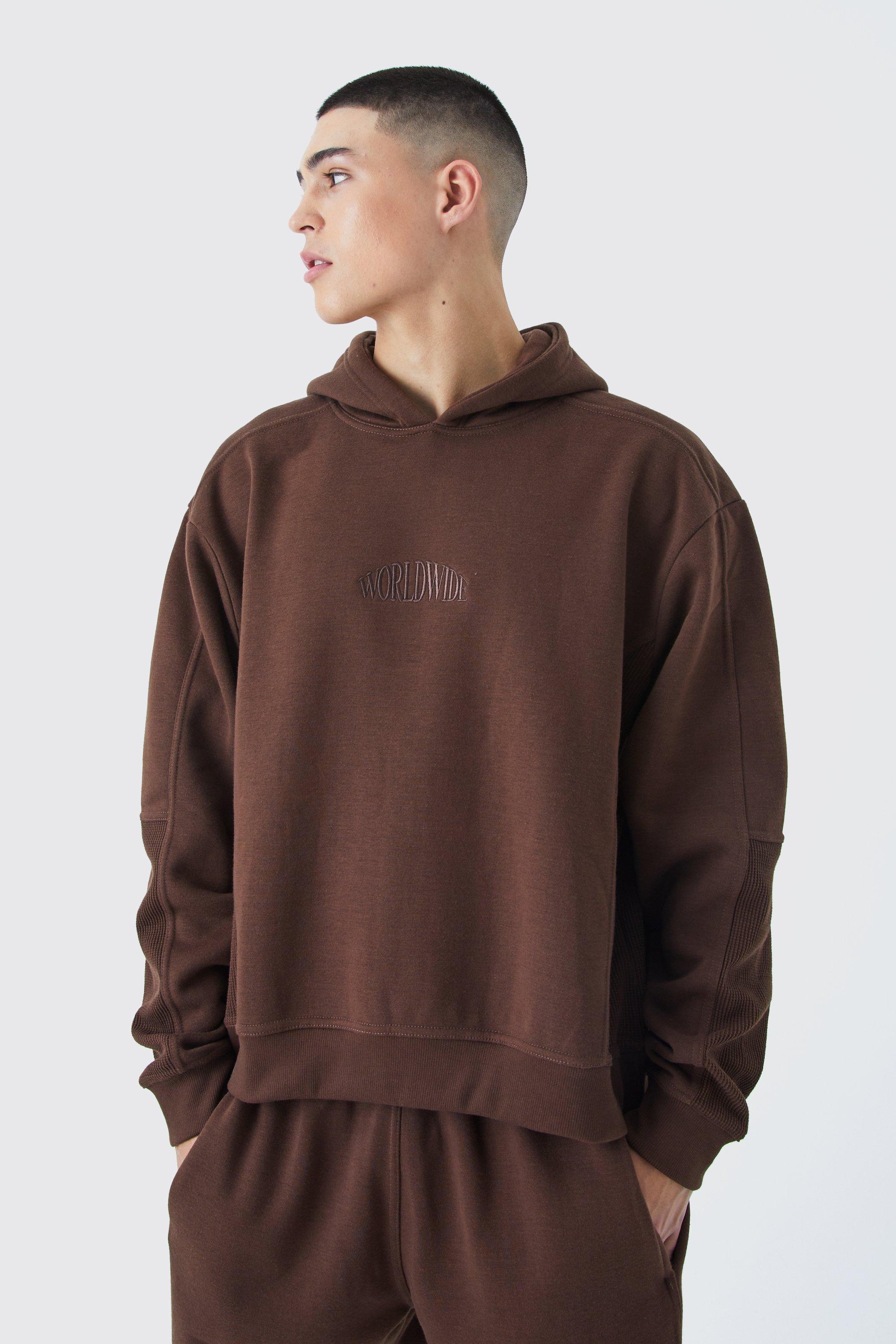 Mens Brown Oversized Boxy Waffle Panel Hoodie, Brown