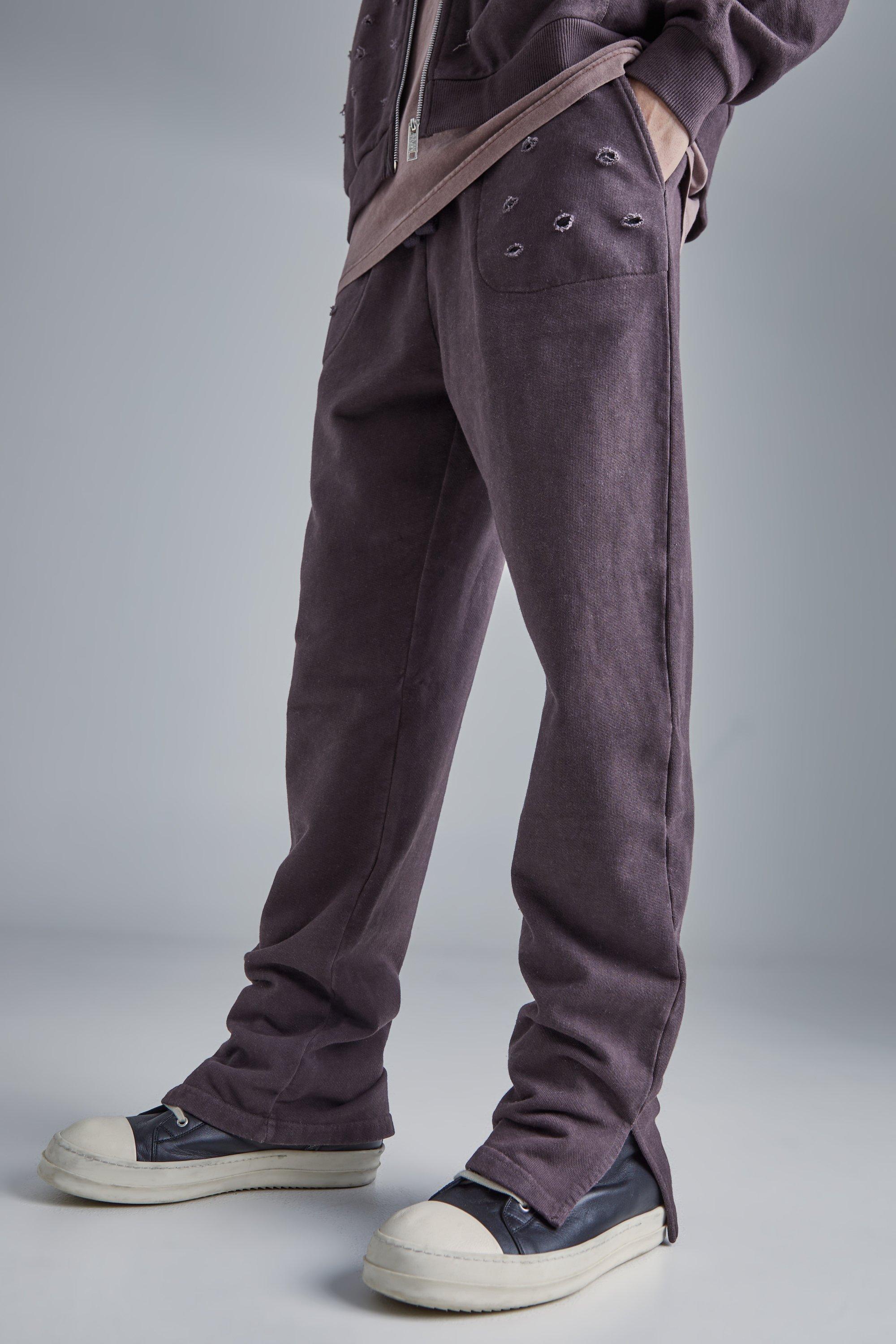 Image of Pantaloni tuta slavati effetto smagliato con spacco sul fondo, Brown