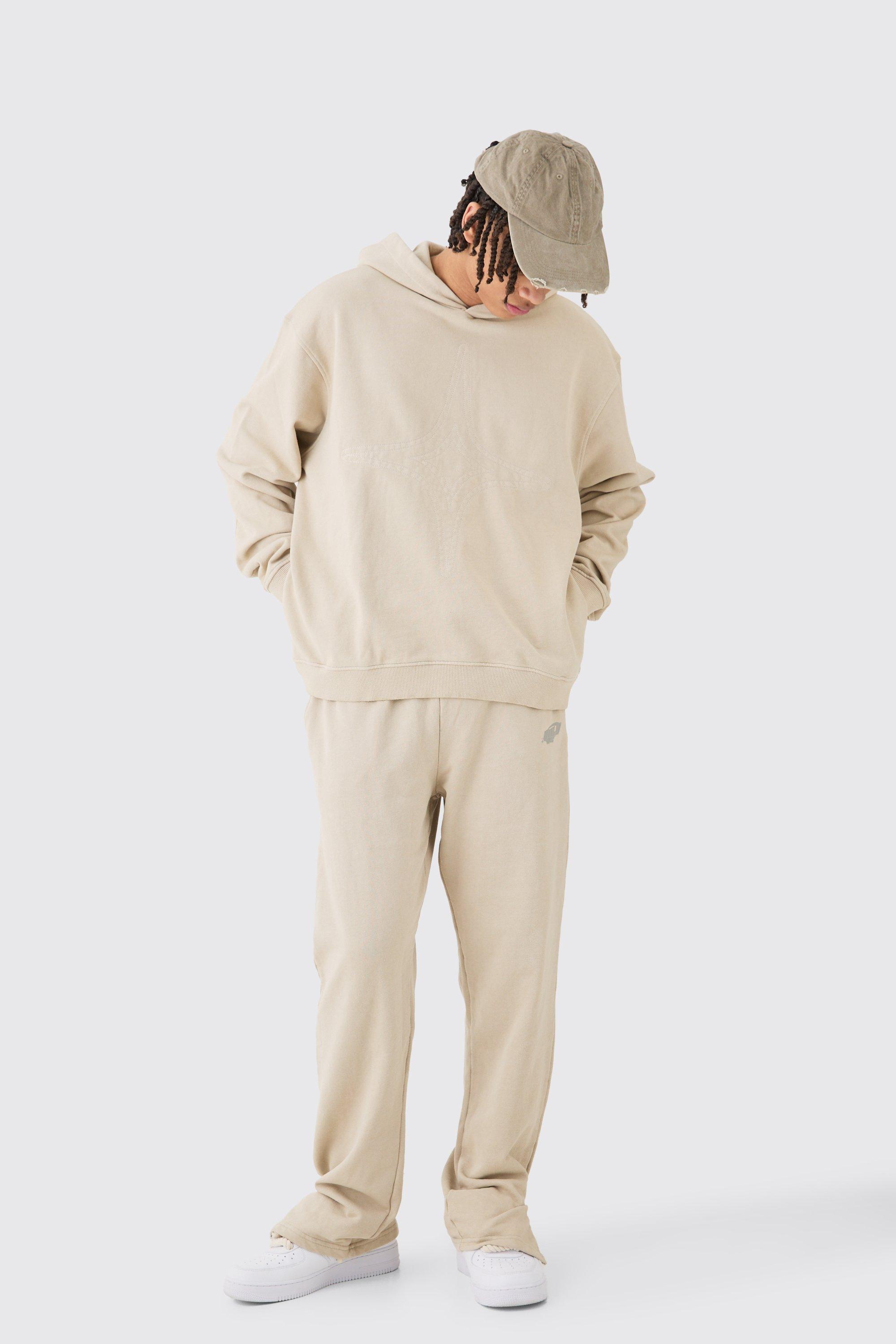 Mens Beige Oversized Washed Quilted Split Hem Tracksuit, Beige