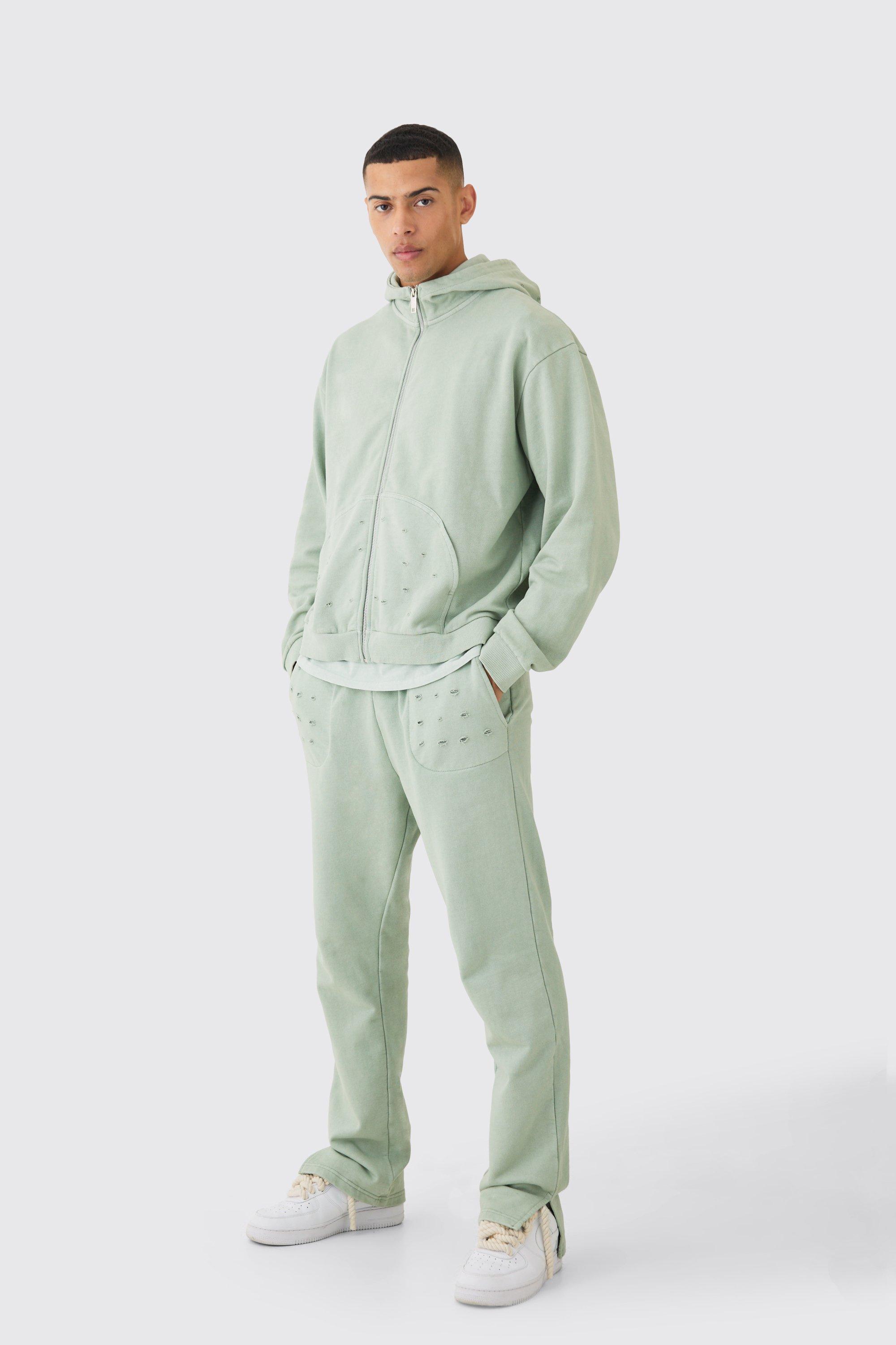 Mens Green Oversized Boxy Distressed Washed Tracksuit, Green