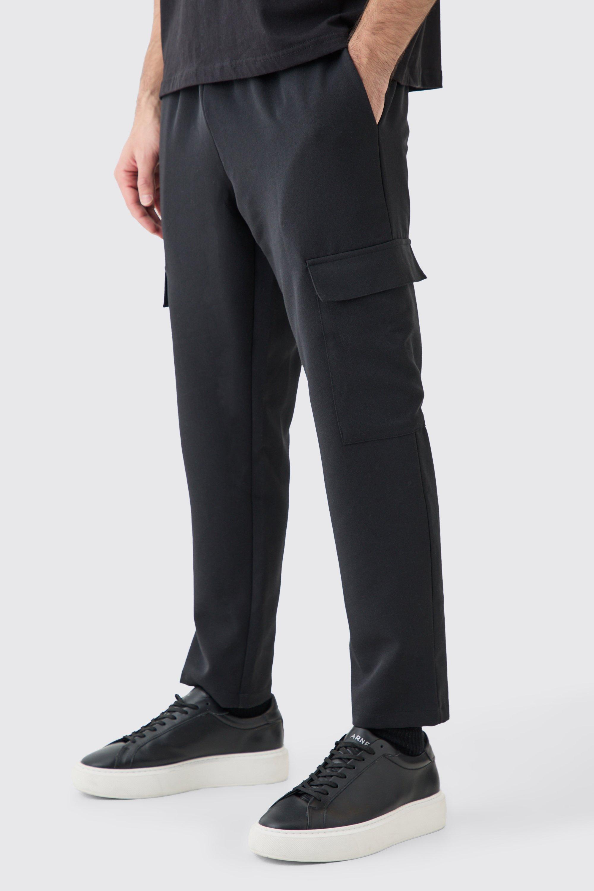 Mens Black Elasticated Waist Tapered Cargo Trousers, Black