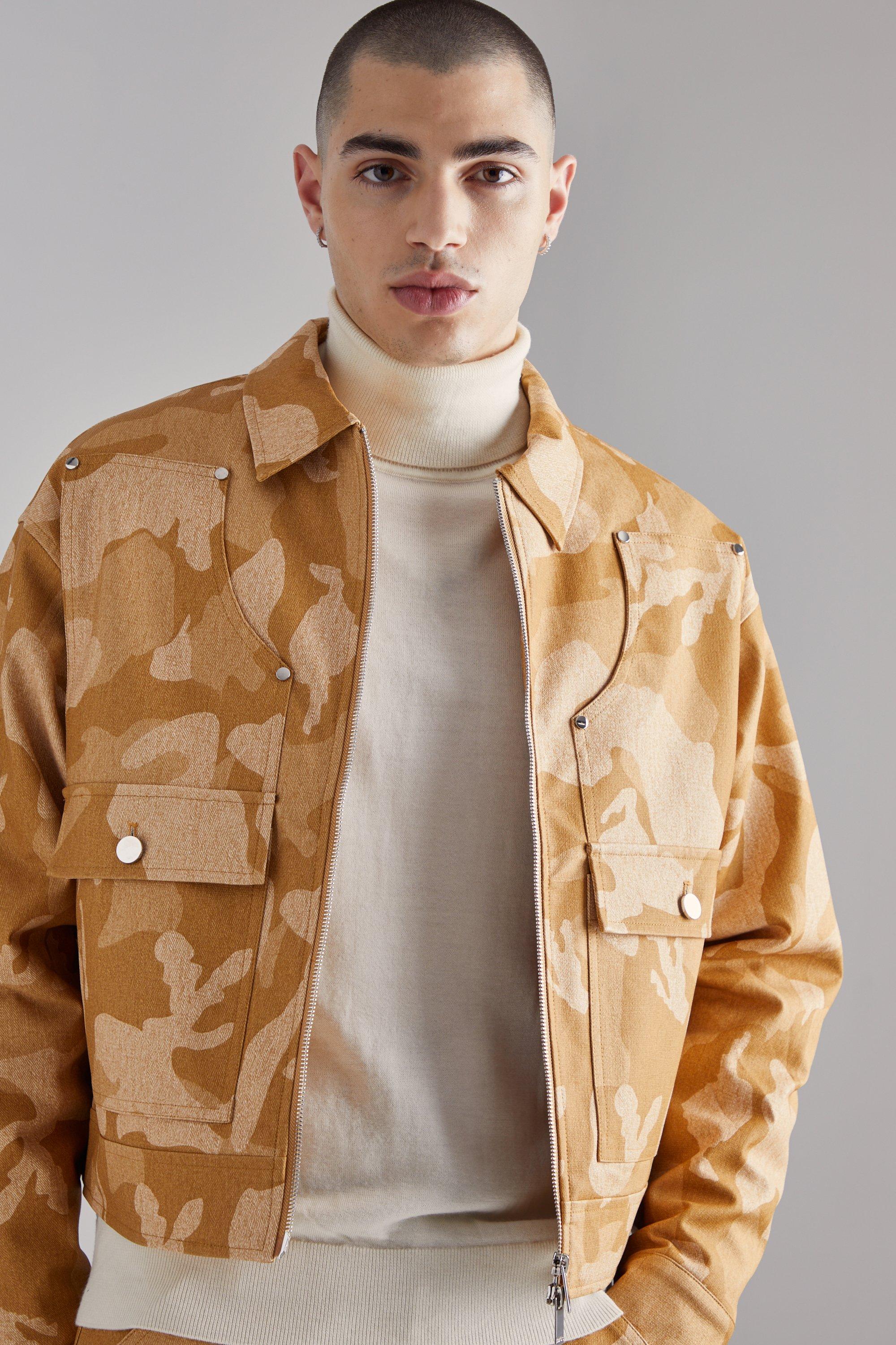 veste harrington oversize effet délavé à imprimé camouflage homme - brun doré - s, brun doré