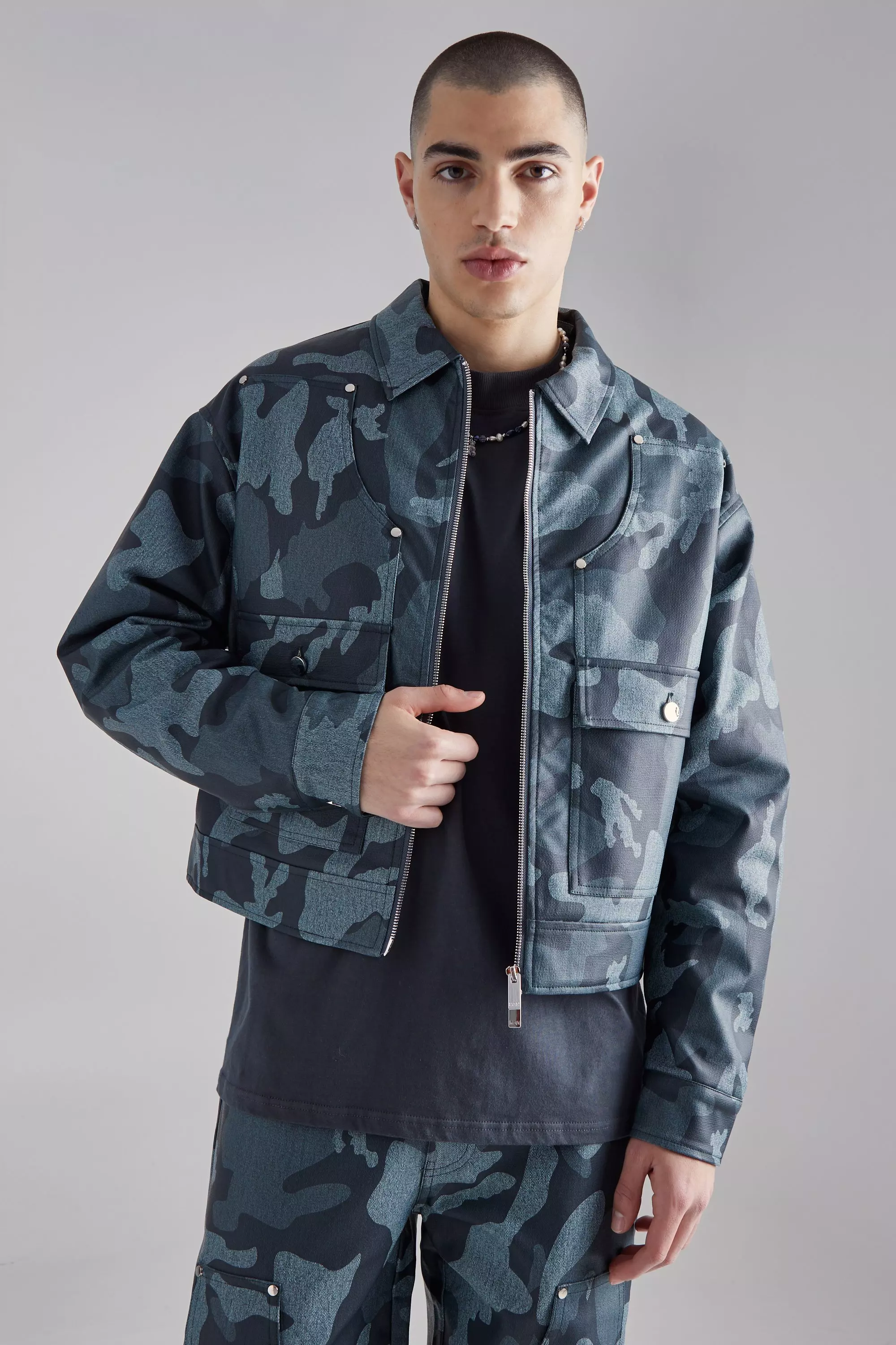 Boxy Washed Look Pu Camo Harrington