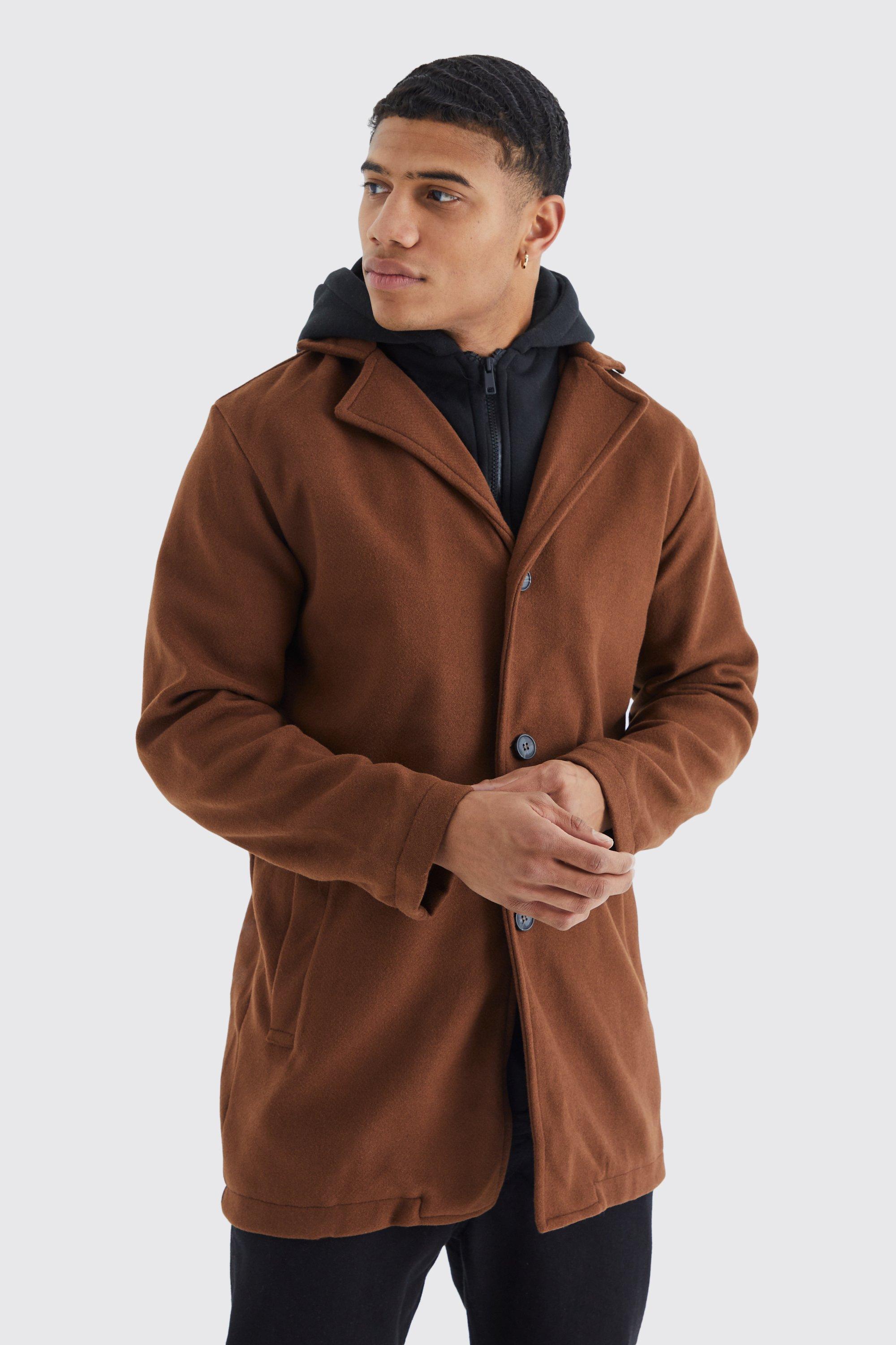 Mens Brown Single Breasted Wool Mix Overcoat With Hood, Brown