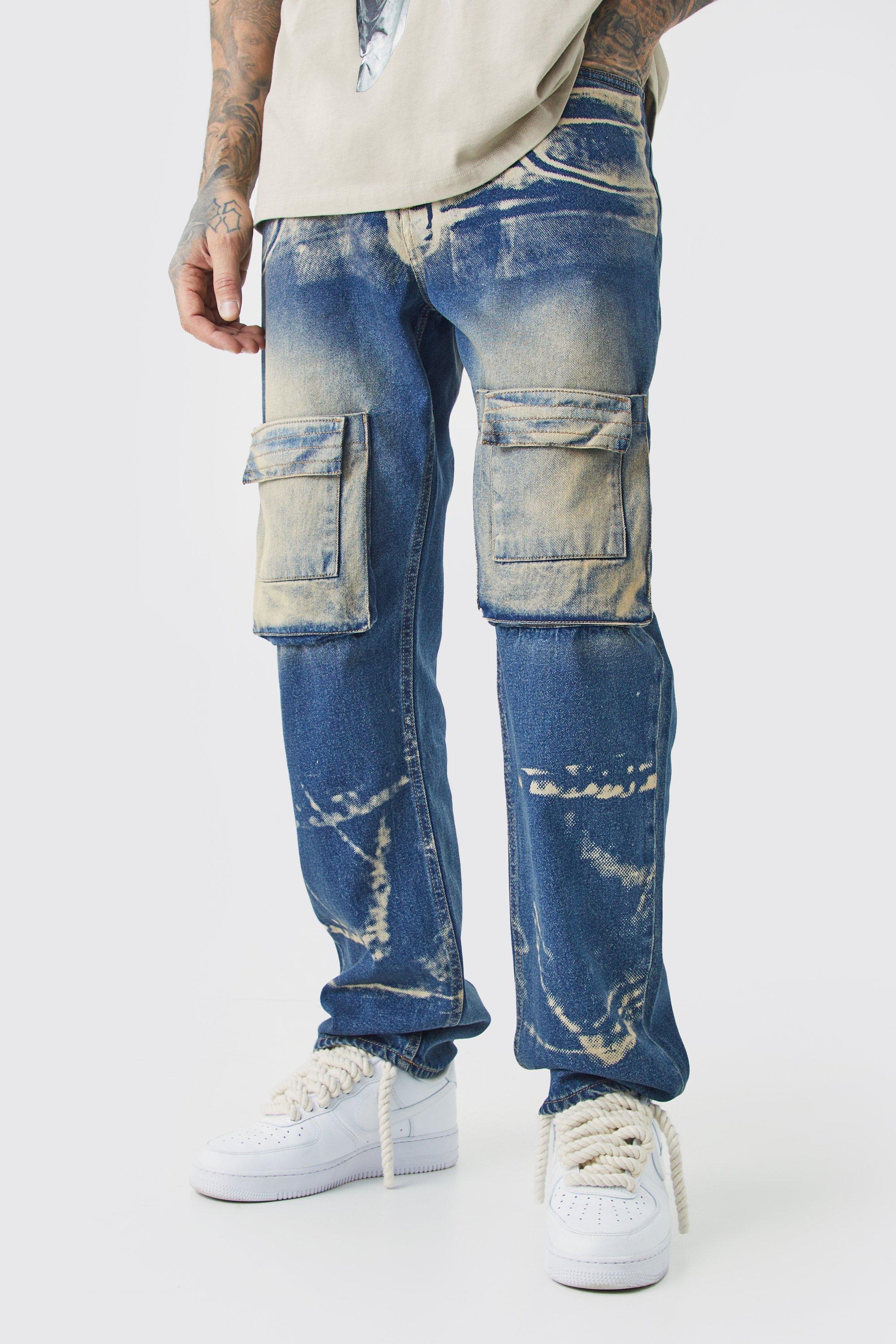 Image of Jeans Tall rilassati in denim rigido con raggi X in lavaggio acido, Grigio