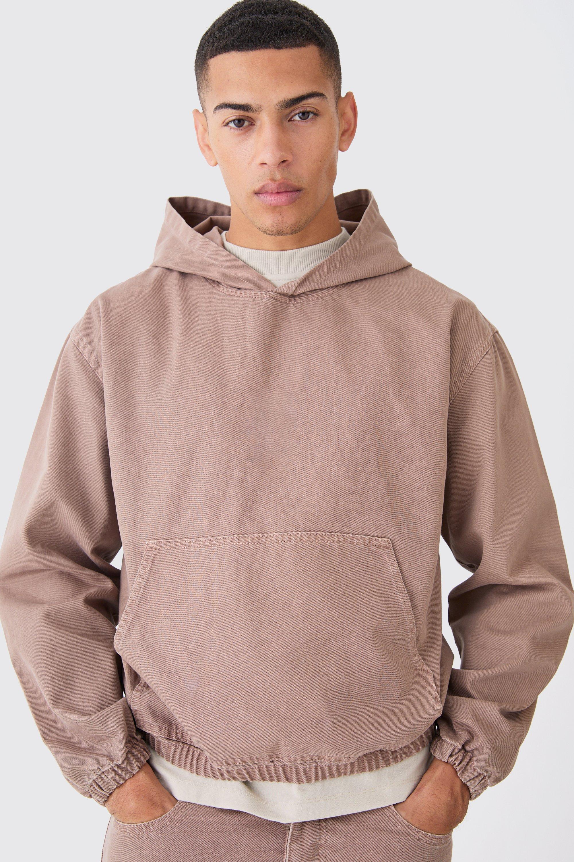 men's overdyed denim boxy fit hoodie - brown - s, brown