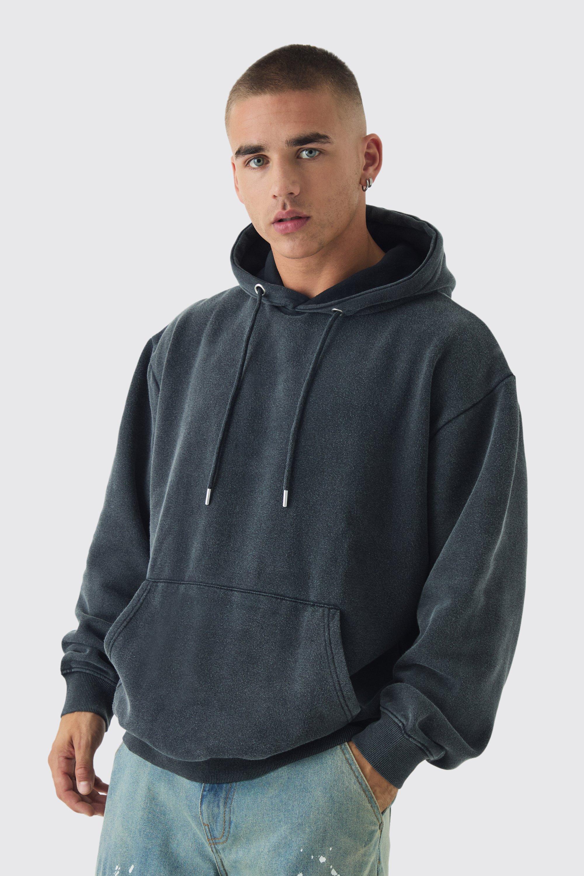 Mens Grey Oversized Acid Wash Hoodie, Grey