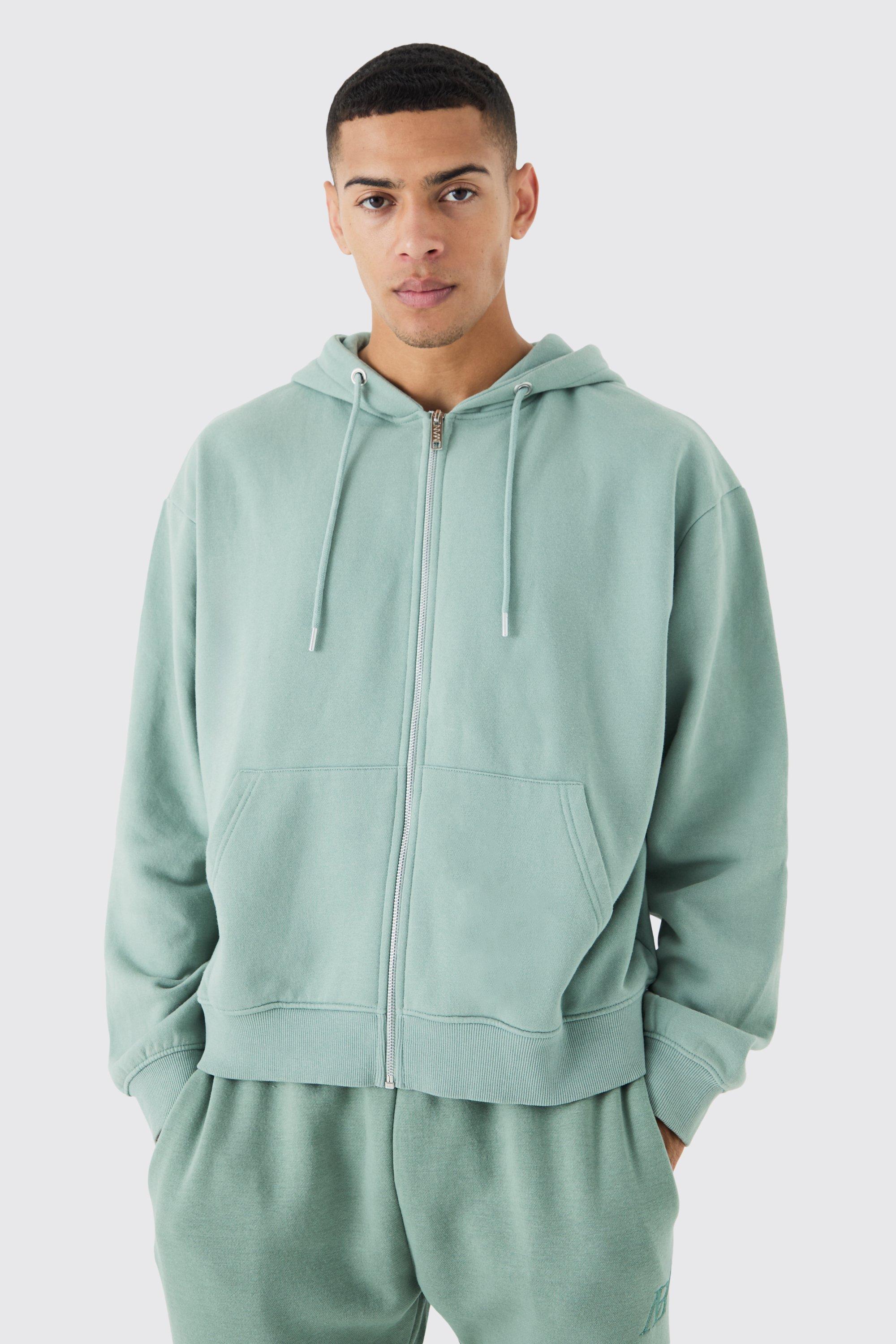 Mens Green Oversized Boxy Zip Through Washed Hoodie, Green