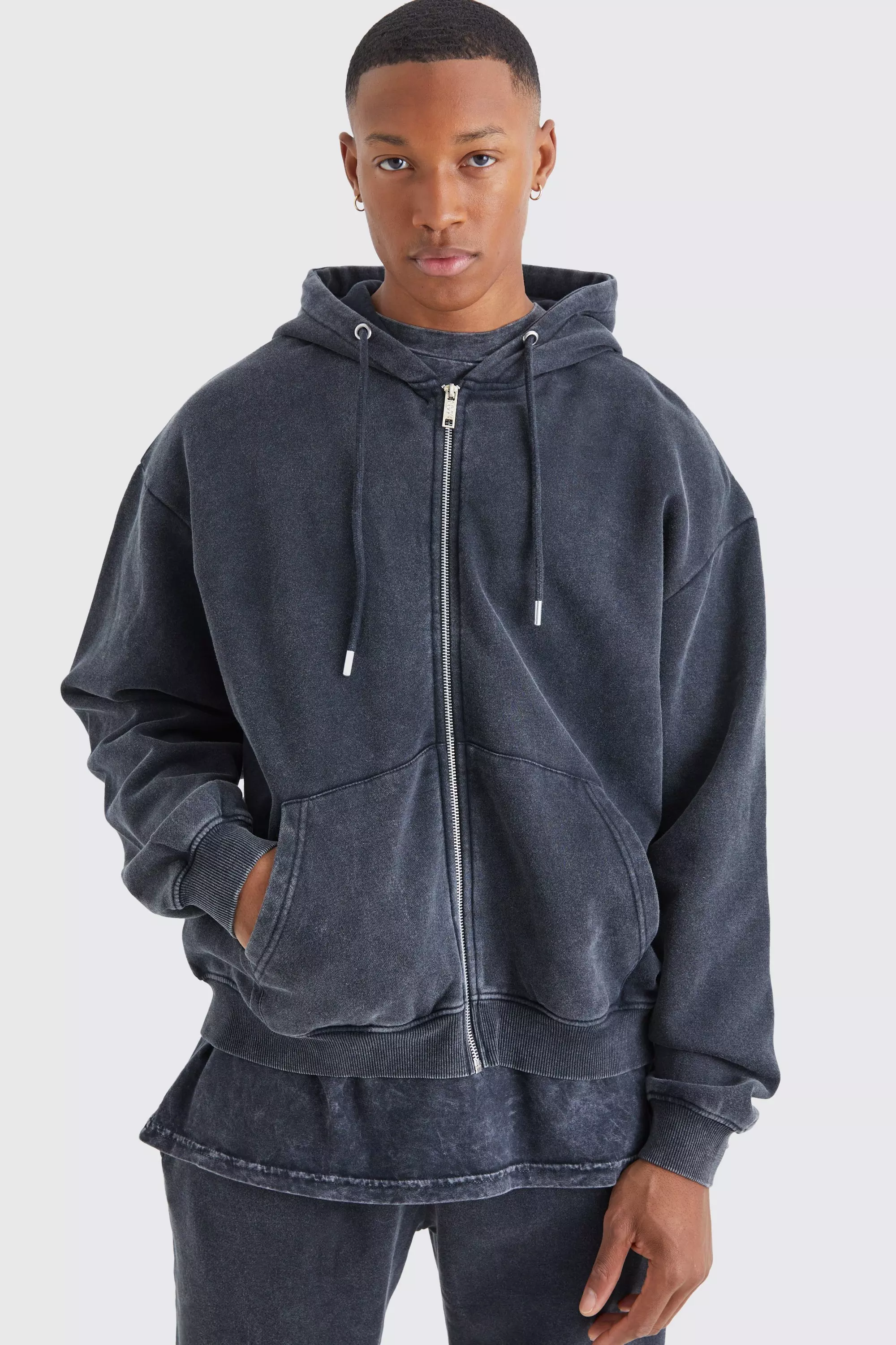 Acid Wash Oversized Zip Through Hoodie