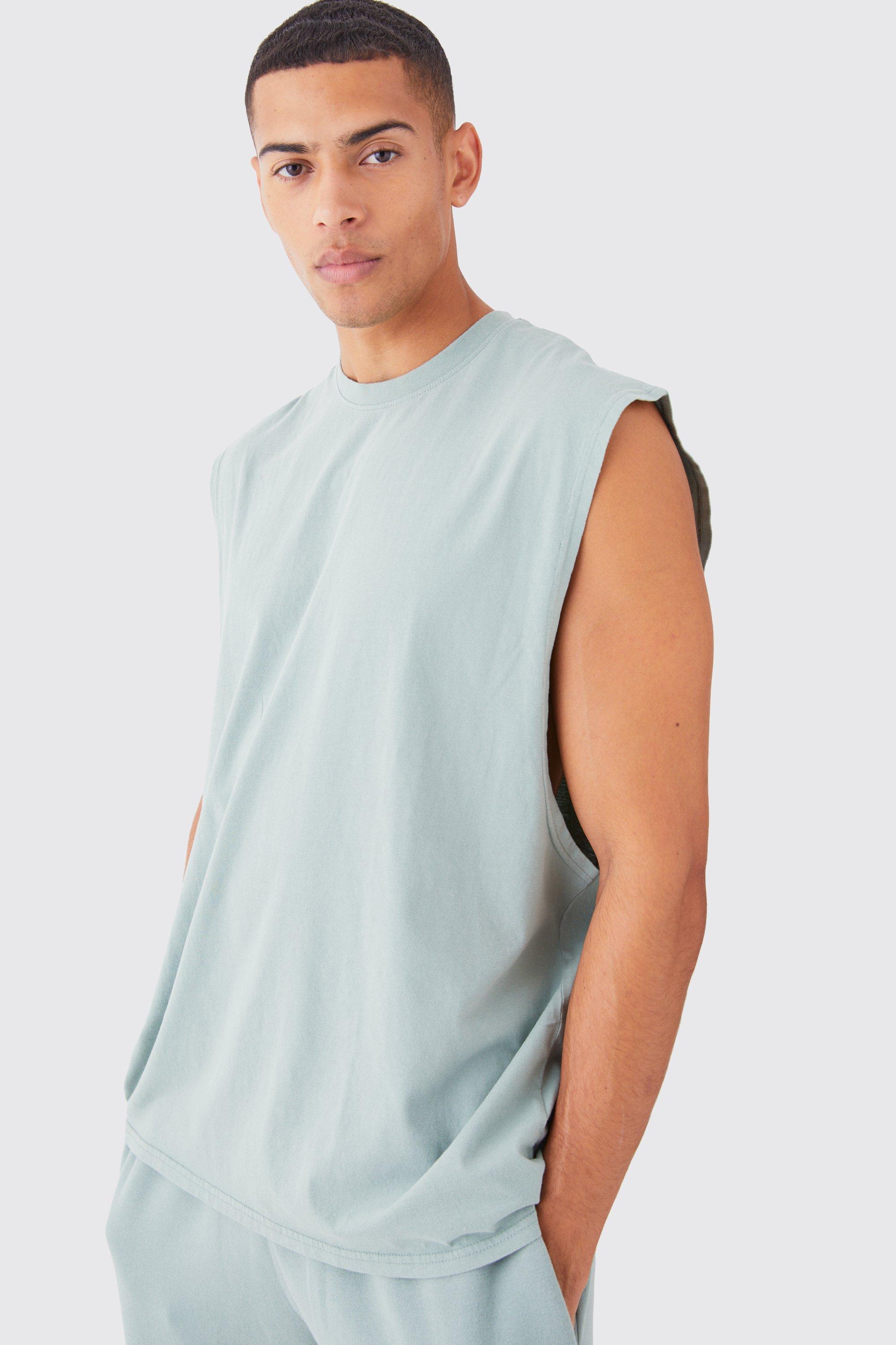 Mens Green Oversized Drop Armhole Washed vest, Green