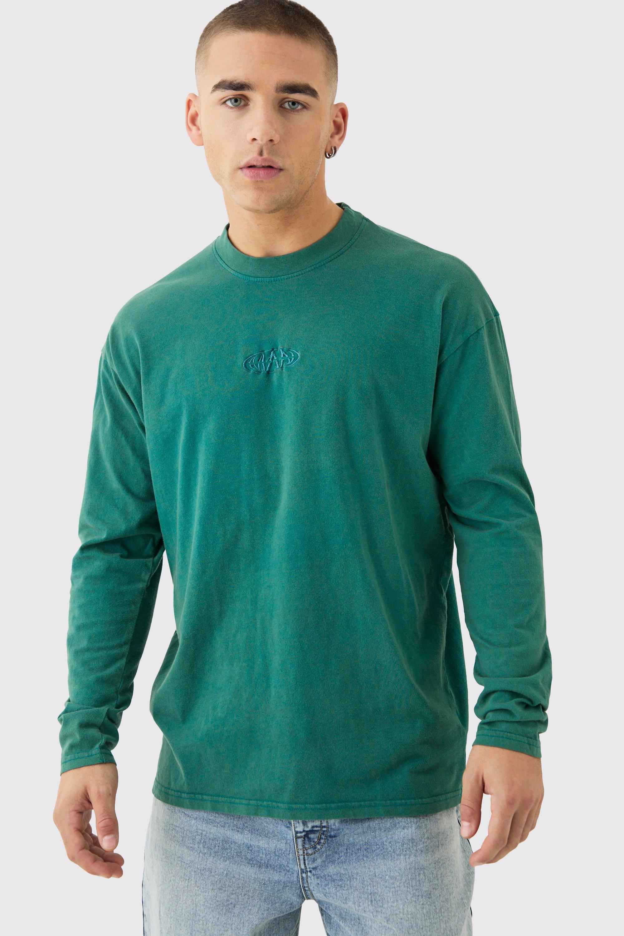 Mens Green Oversized Man Extended Neck Washed Long Sleeve T-shirt, Green
