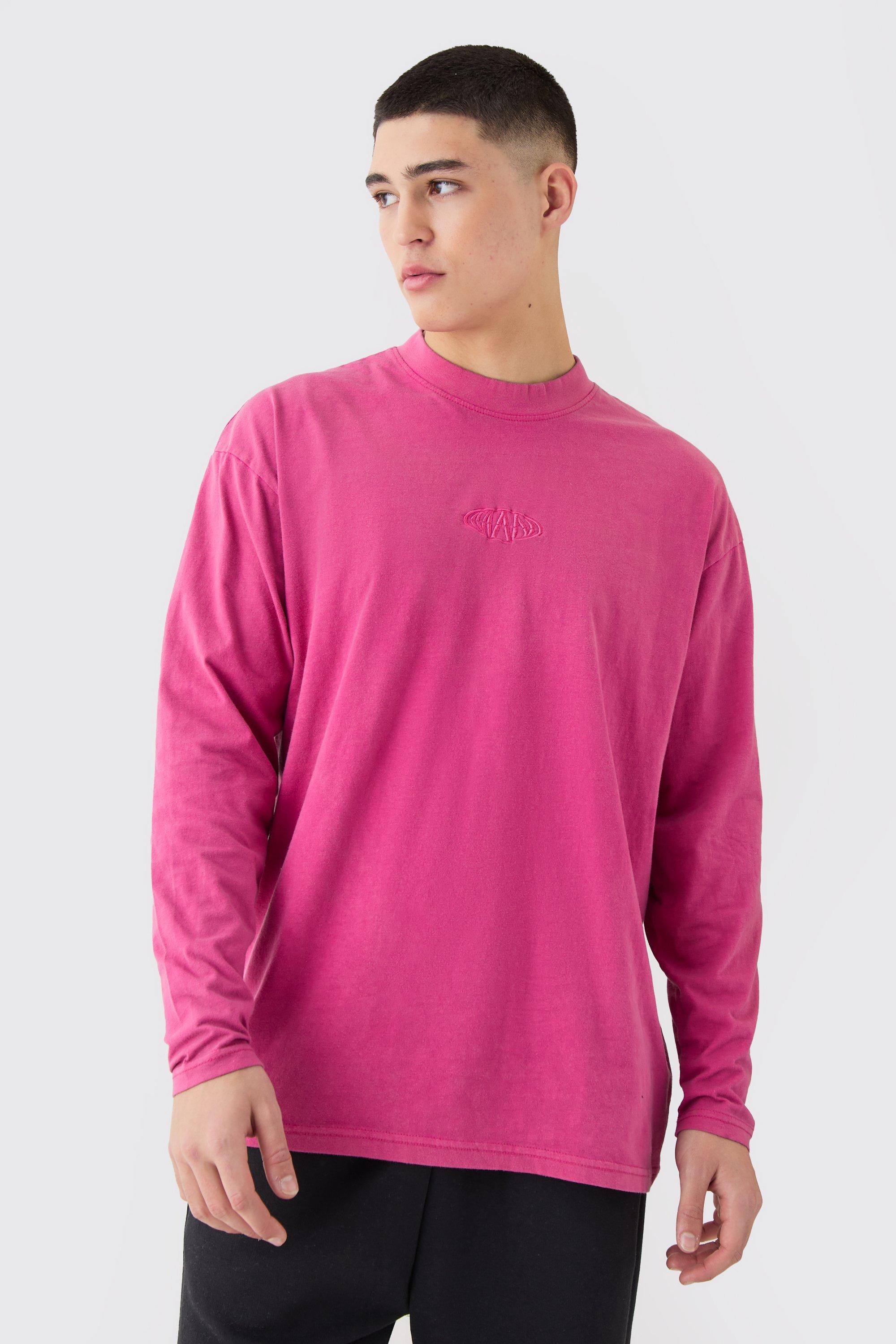 Mens Pink Oversized Man Extended Neck Washed Long Sleeve T-shirt, Pink
