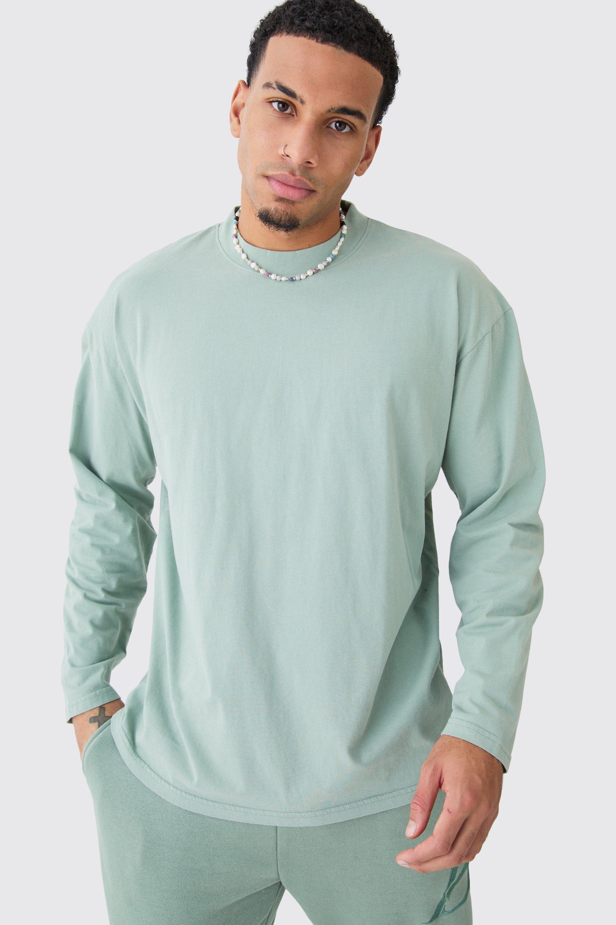 Mens Green Oversized Extended Neck Washed Long Sleeve T-shirt, Green