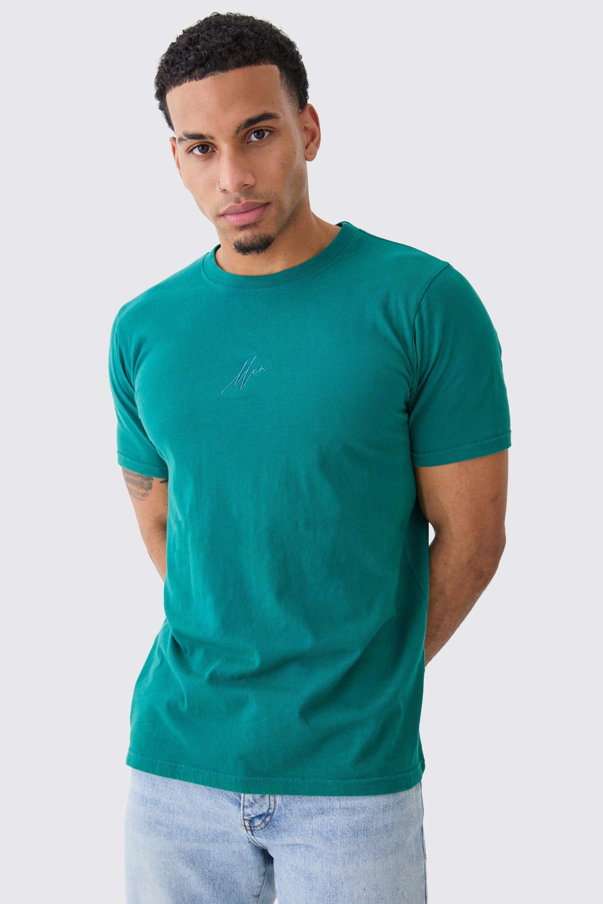 Mens Green Slim Fit Man Washed Crew Neck T-shirt, Green
