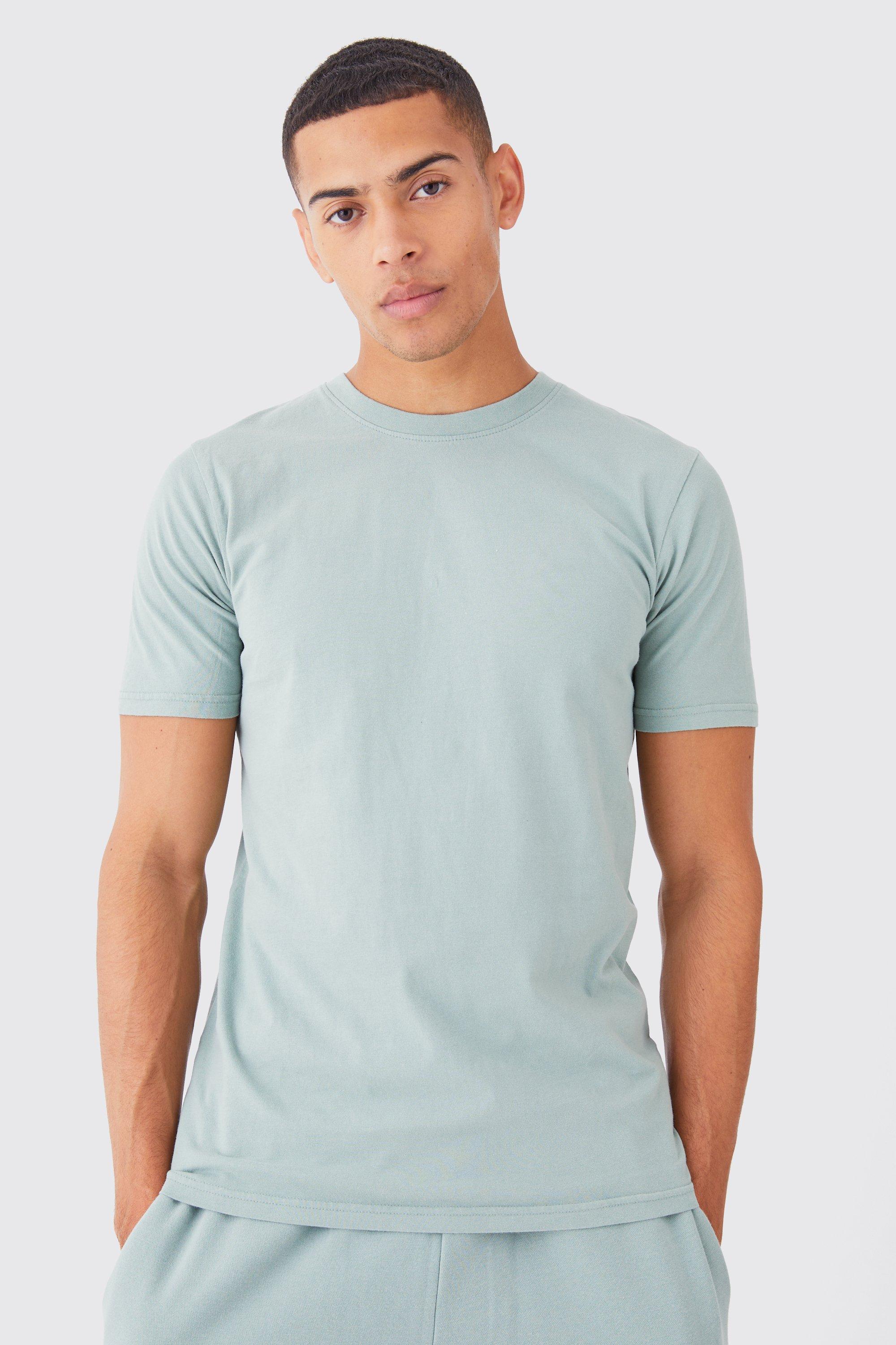 Mens Green Slim Fit Washed Crew Neck T-shirt, Green
