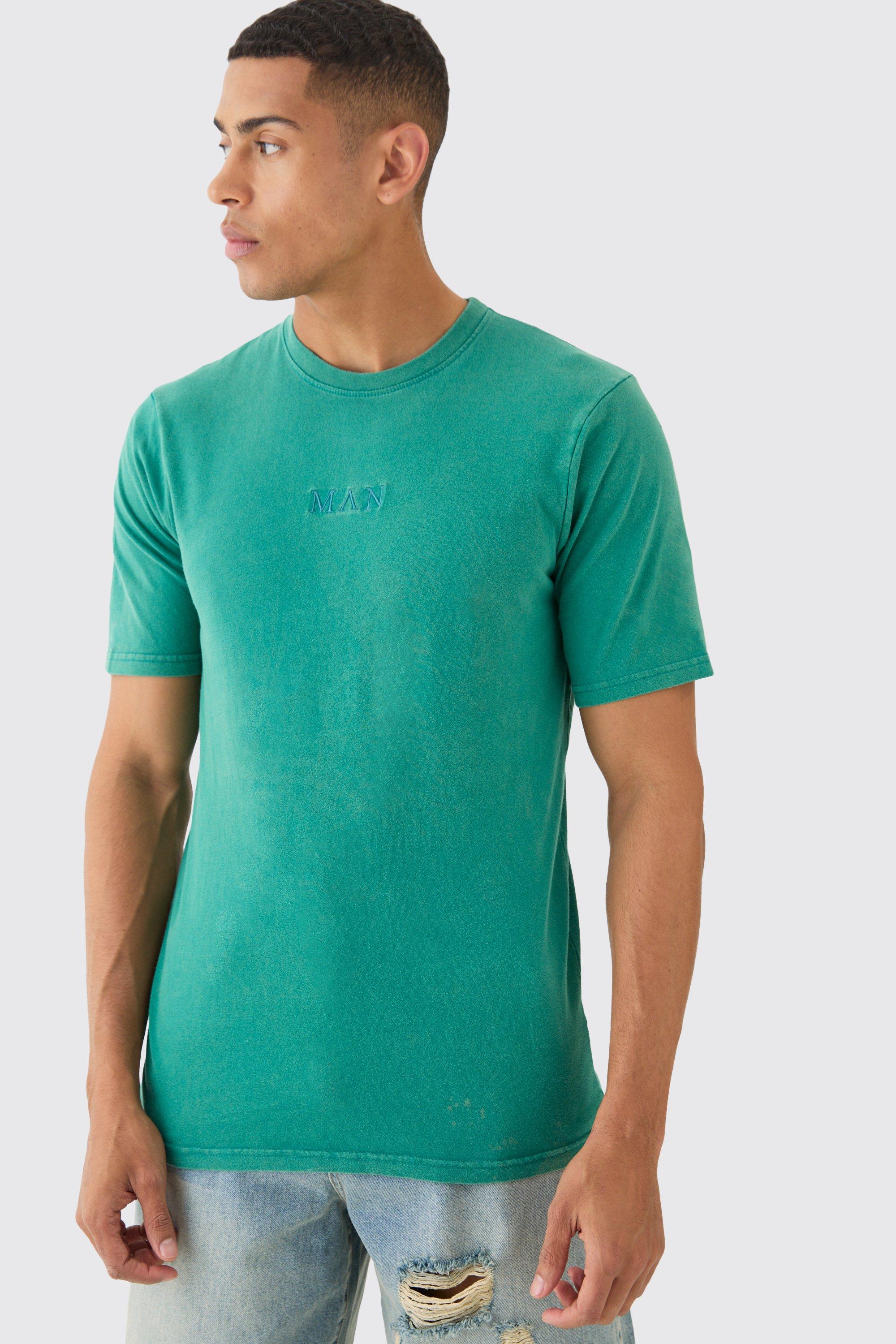Image of T-shirt a girocollo Man slavata con caratteri romani, Verde