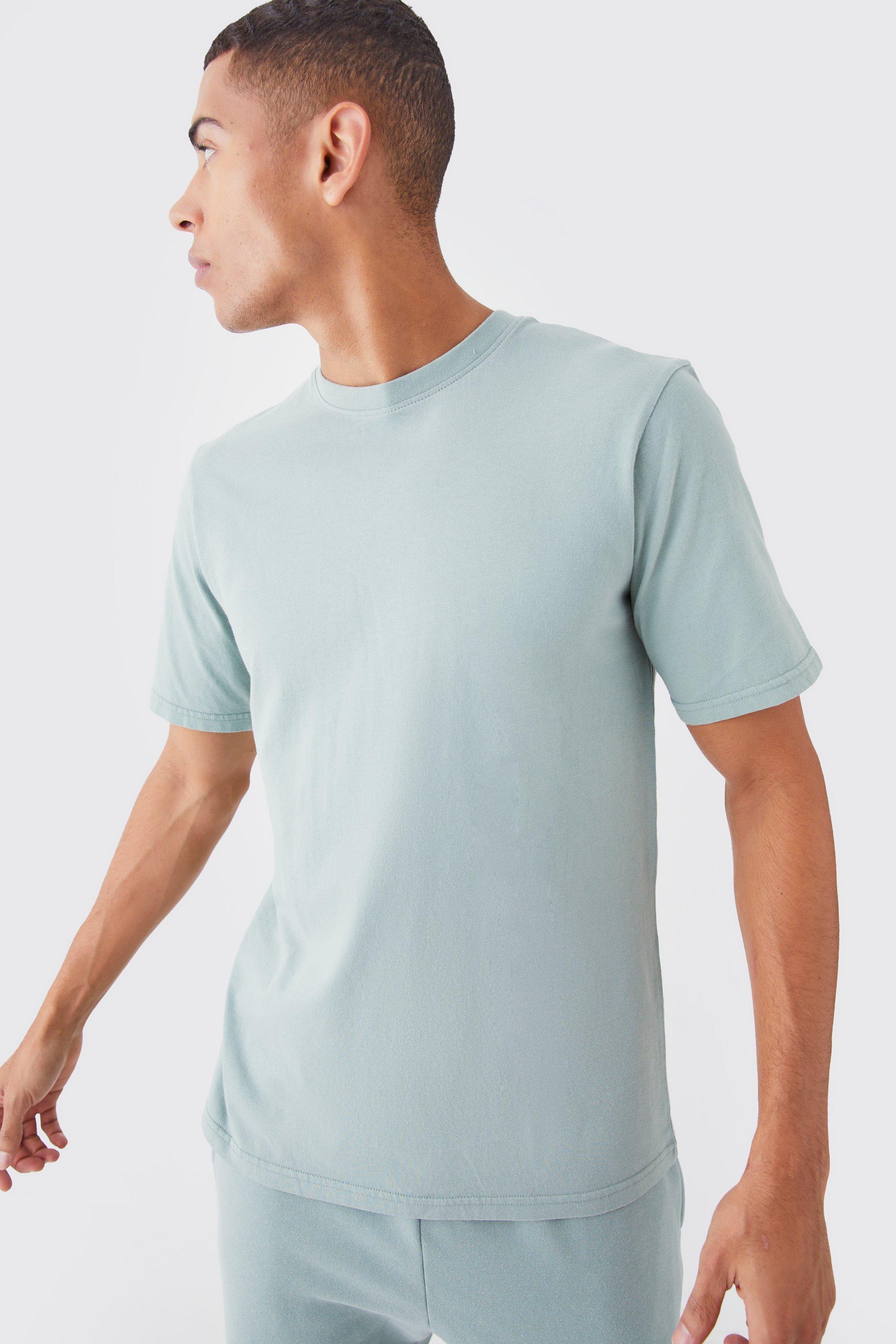 Mens Green Washed Crew Neck T-shirt, Green