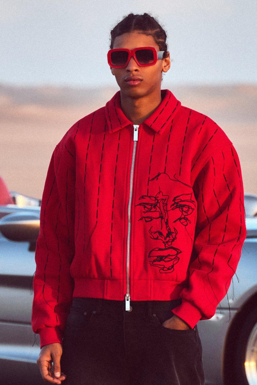 boxy fit face embroidered bomber homme - rouge - xl, rouge