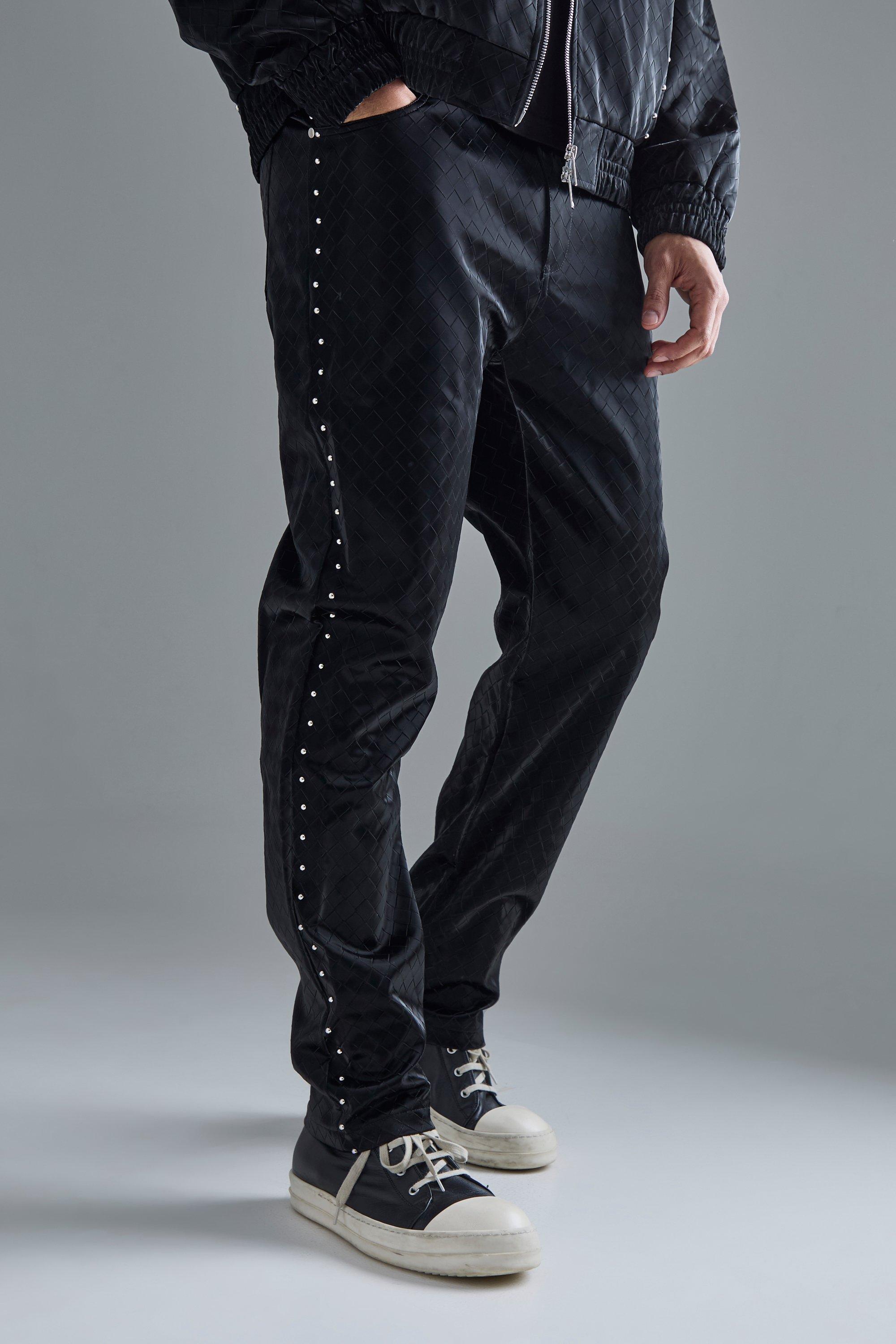 Mens Black Fixed Waist Straight Weave Pu Trousers, Black