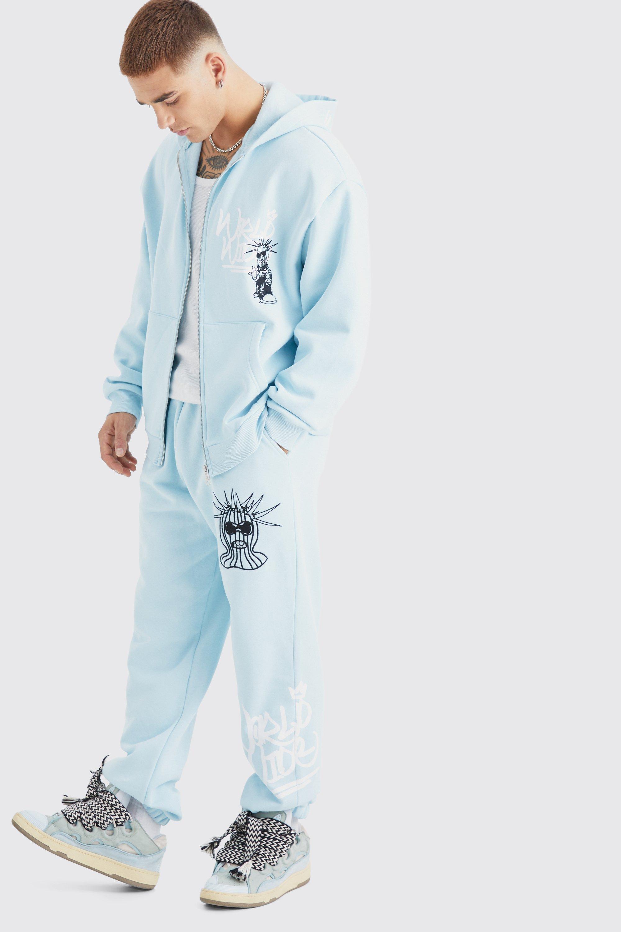 Image of Felpa oversize con personaggio mascherato, zip e cappuccio & pantaloni tuta oversize, Azzurro