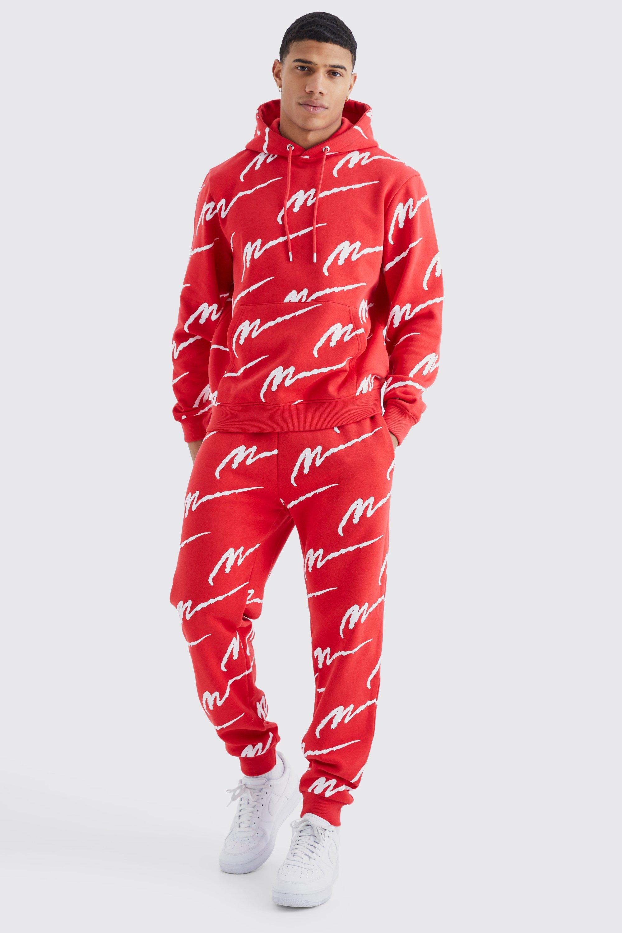 Mens Red Man Signature All Over Print Hoodie Tracksuit, Red