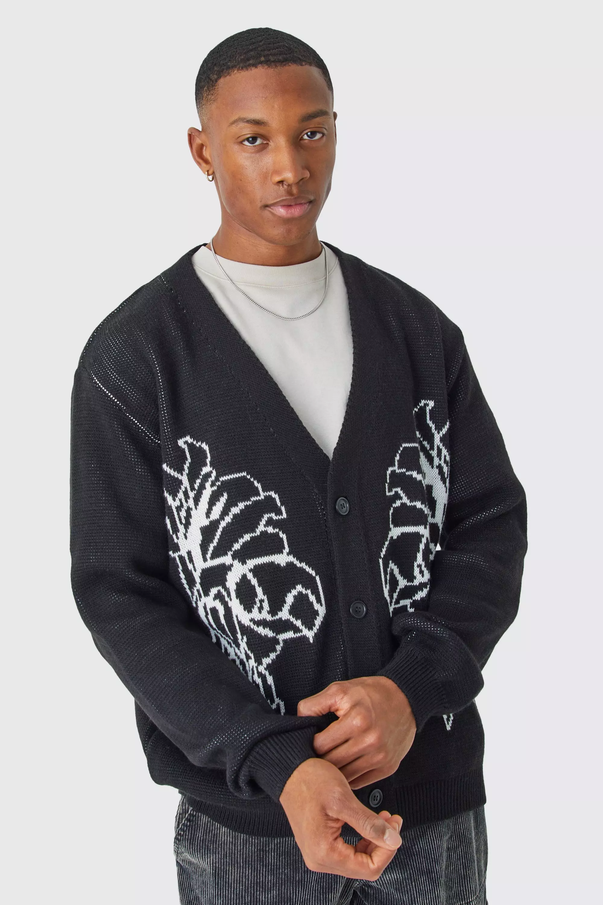 Relaxed Line Graphic Flower Cardigan | boohooMAN USA