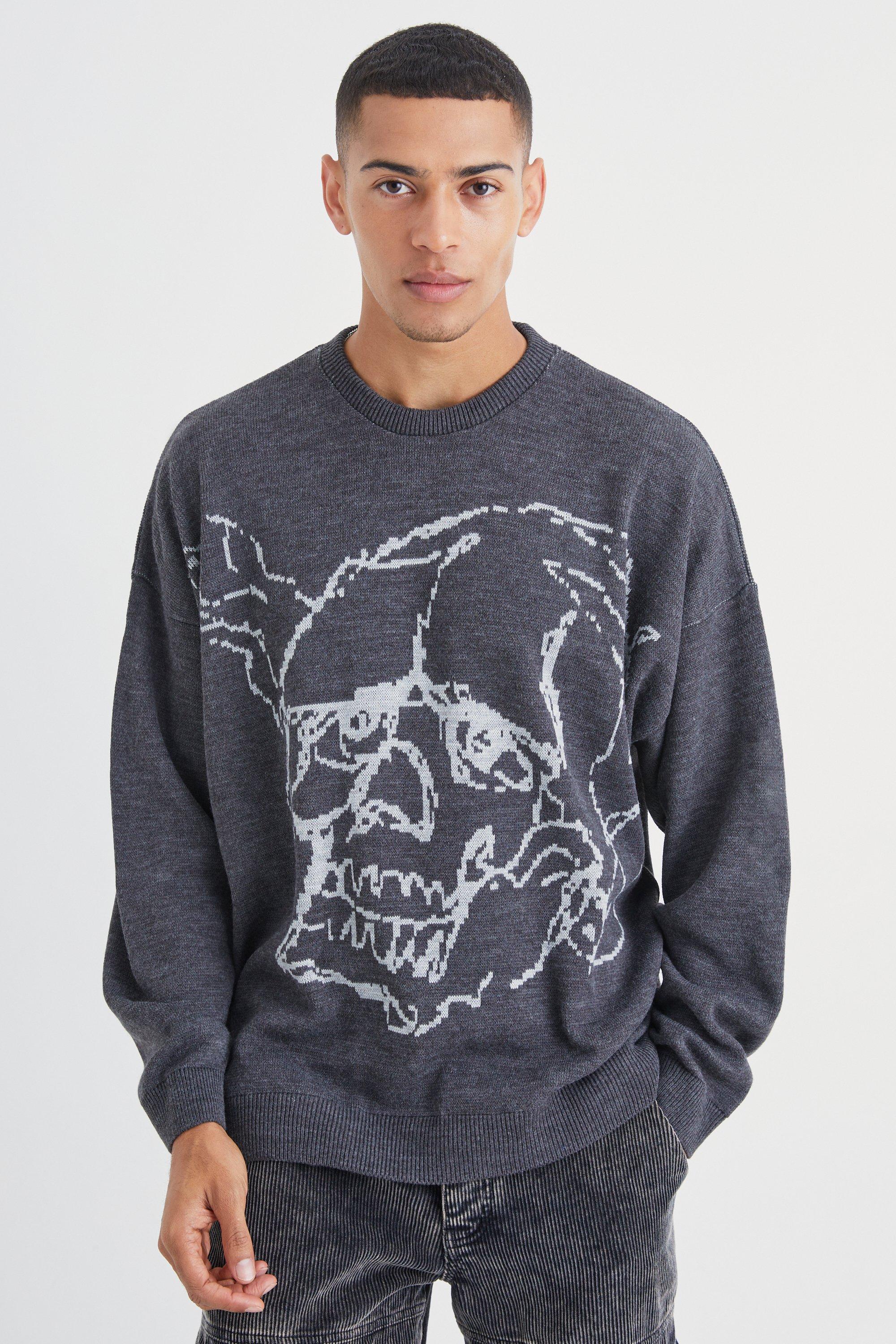 Mens Grey Oversized Line Graphic Skull Knitted Jumper, Grey