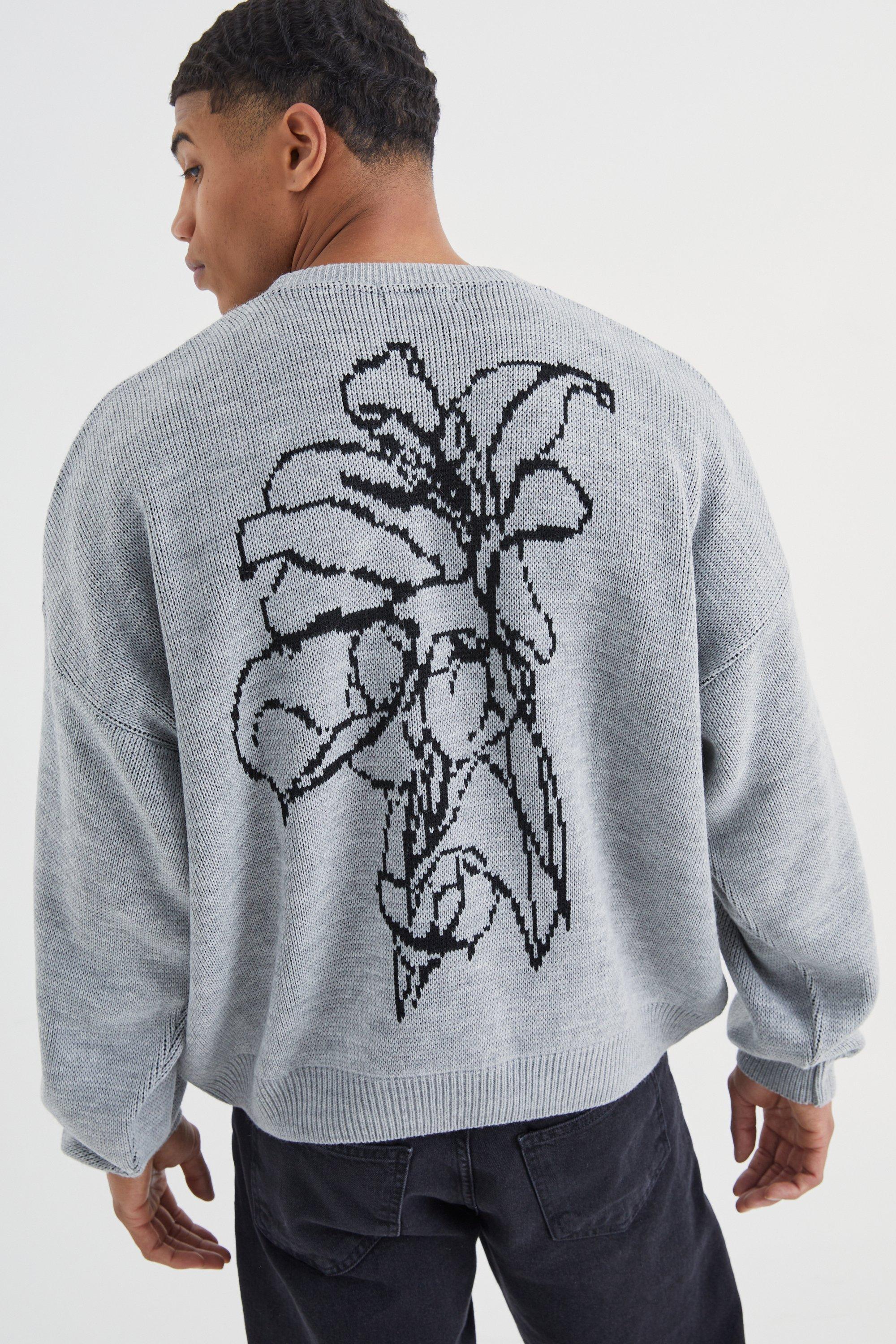 Mens Grey Boxy Line Graphic Flower Knitted Jumper, Grey