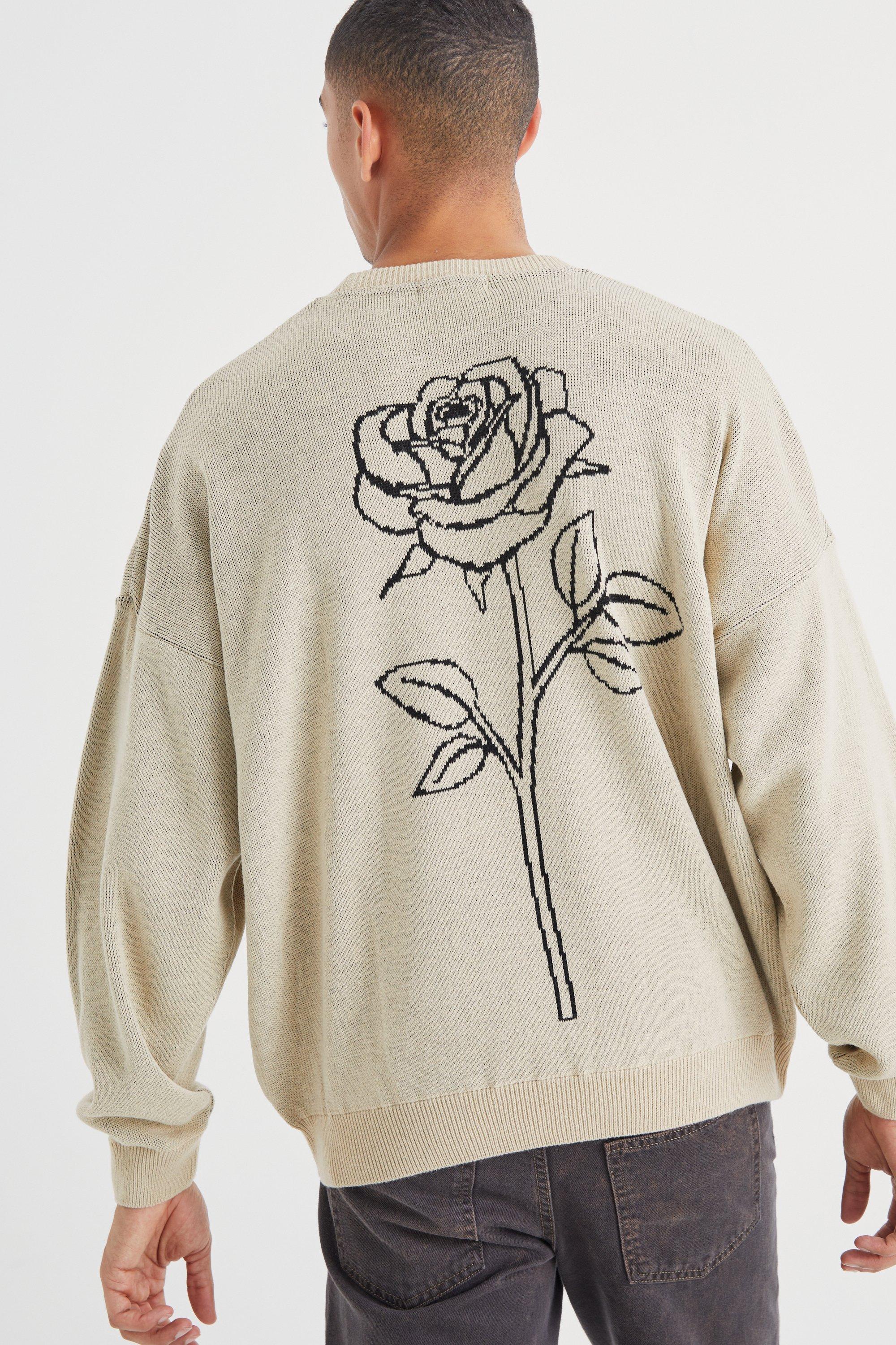 Mens Beige Oversized Line Graphic Rose Knitted Jumper, Beige
