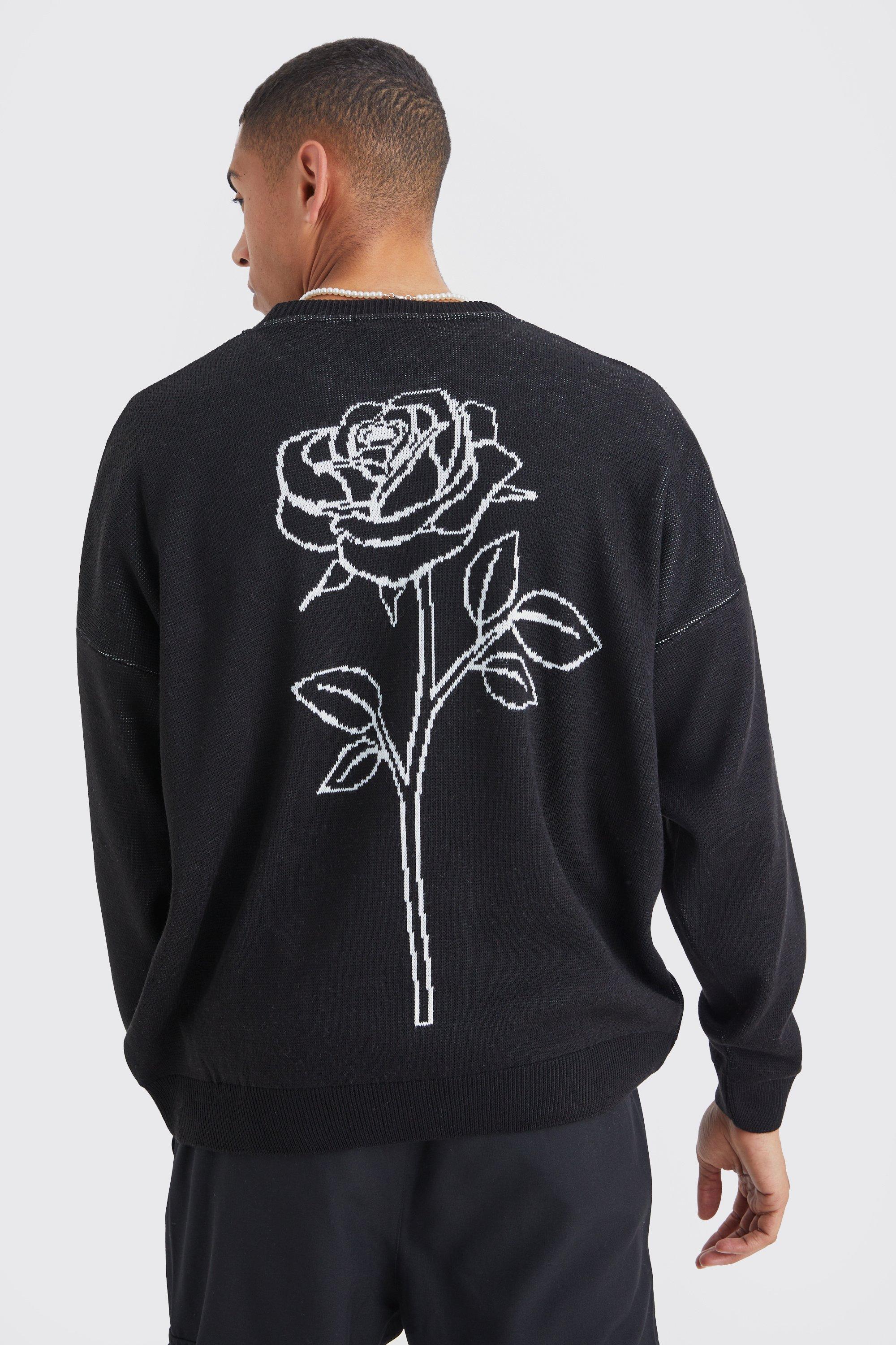 Mens Black Oversized Line Graphic Rose Knitted Jumper, Black